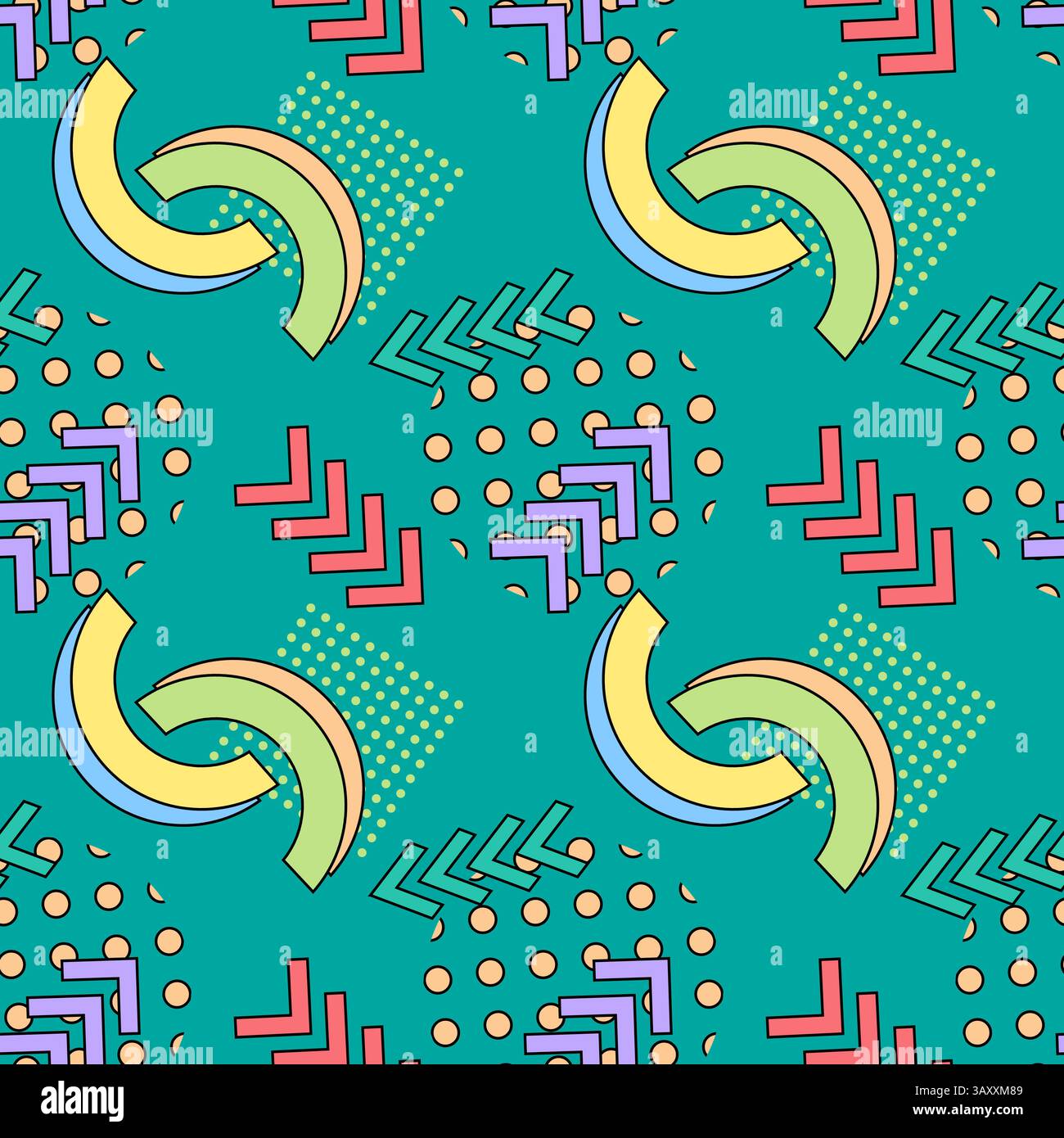 Motivo senza cuciture in stile Memphis con forme astratte colorate, tra cui archi, frecce, cerchi, punti, e quadrati su sfondo turchese. PE Illustrazione Vettoriale