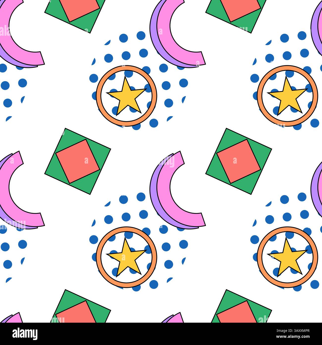 Vivace motivo senza cuciture in stile Memphis con forme geometriche astratte e colorate, tra cui stelle, archi e accenti punteggiati. Perfetto per i tessuti Illustrazione Vettoriale