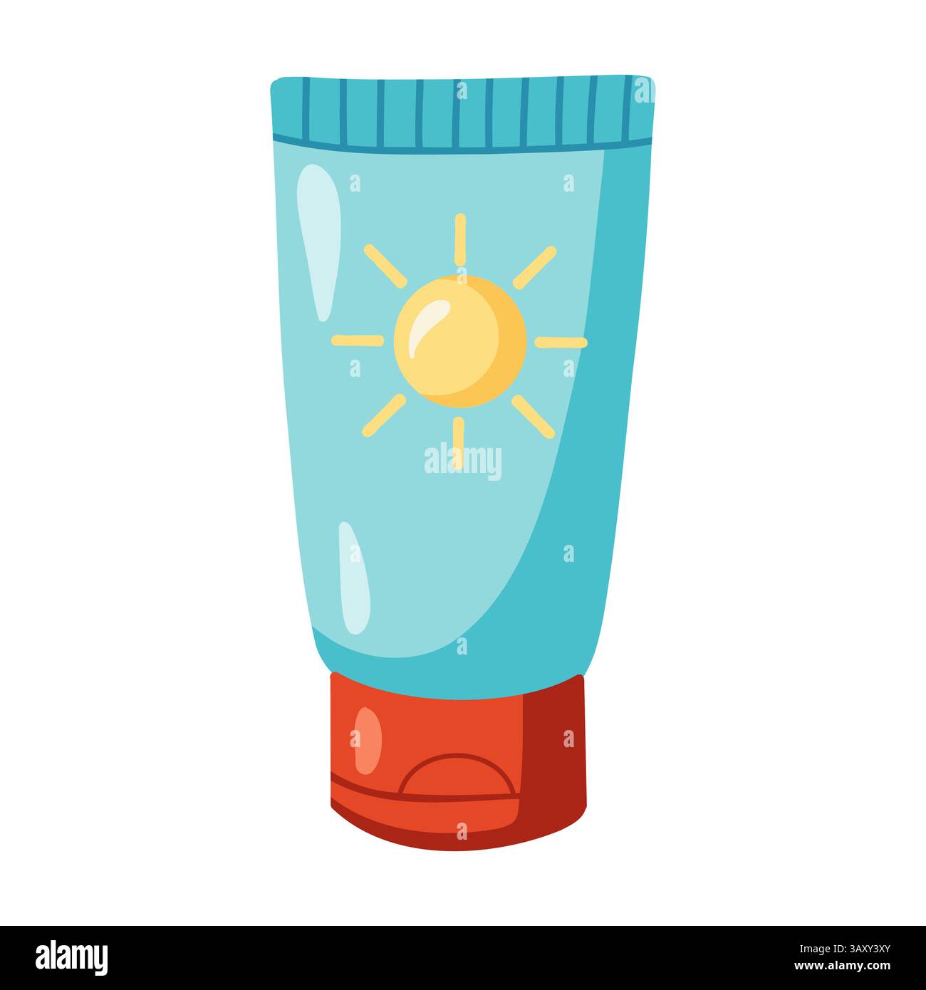 Tubo crema solare con il simbolo del sole. Illustrazione vettoriale cartoni animati su sfondo bianco. Illustrazione Vettoriale