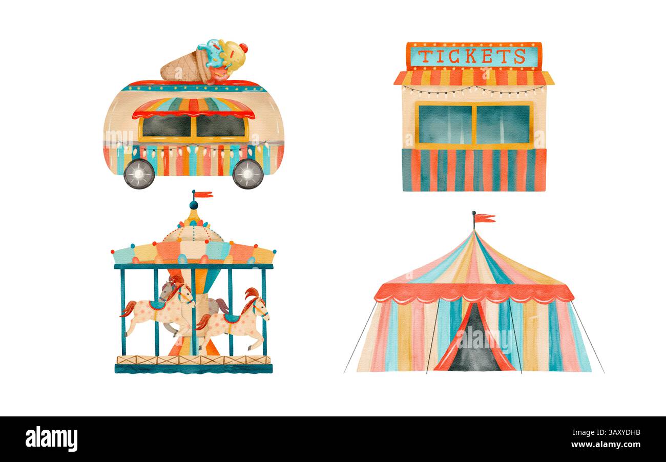 Affascinanti illustrazioni circensi che mostrano splendidamente una biglietteria, una giostra colorata e una tenda festosa. Set di clip art colorate ad acquerello isolate disegnate a mano su sfondo bianco. Foto Stock