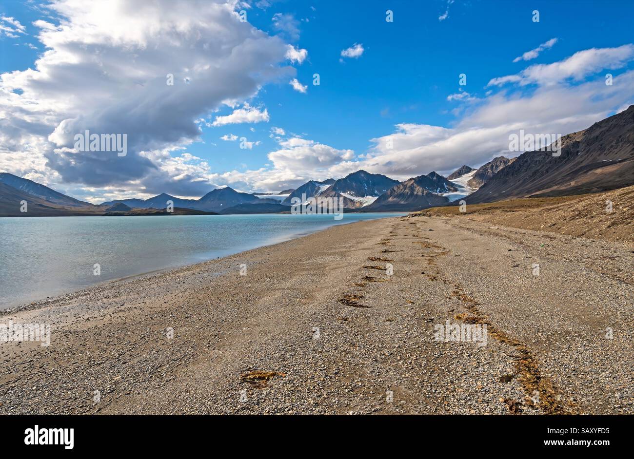 Gravel Beach in un paesaggio glaciale nelle Isole Svalbard Foto Stock