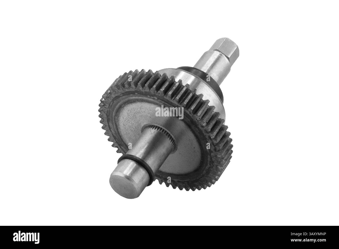 Ingranaggio metallico isolato su sfondo bianco per il motore. Un albero metallico con un ingranaggio sull'estremità Foto Stock