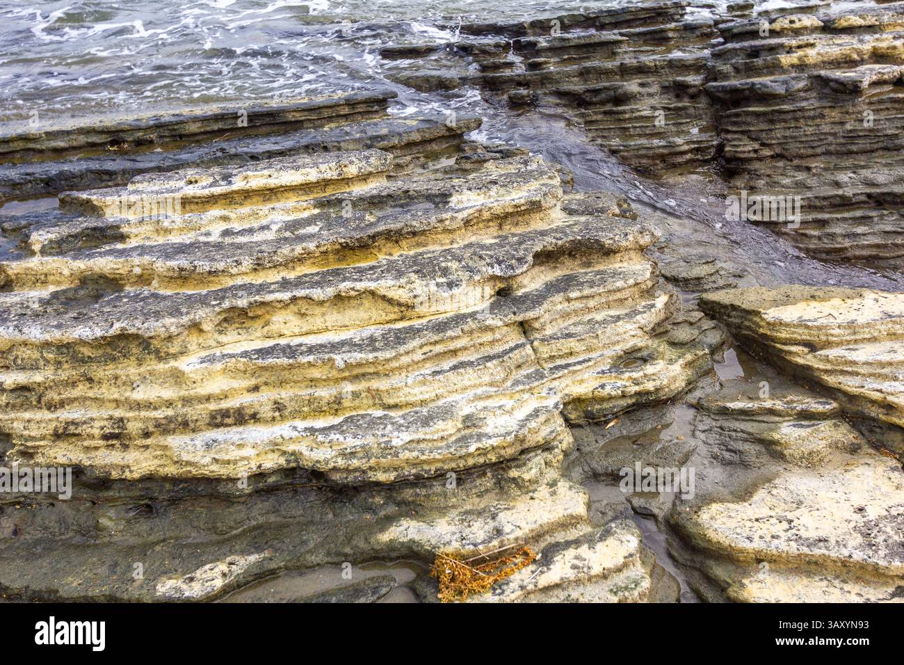 Afga Wave Rock Formation a Tangalan, Aklan, Filippine, presenta strati di corallo e calcare scolpiti dalle onde Foto Stock