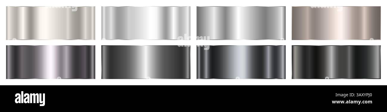 Un set di sfumature metallizzate lucide argento e nero con evidenziazioni. Sfondo lucido astratto. Illustrazione Vettoriale