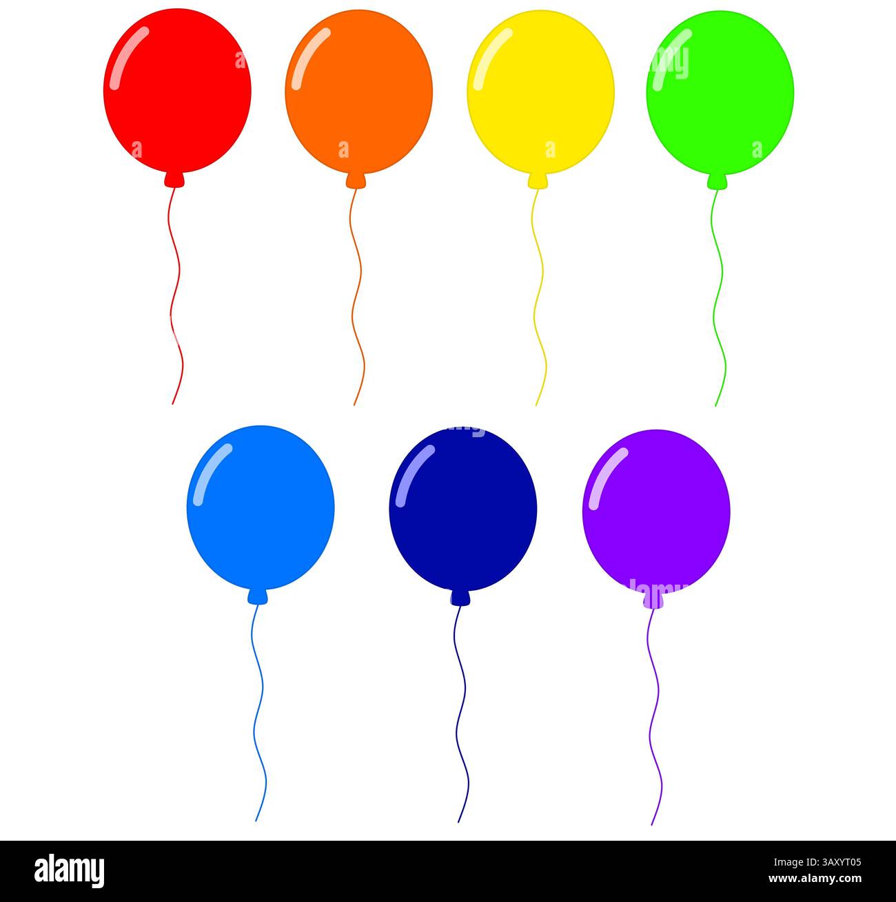 Palloncini arcobaleno colorati con corda su sfondo bianco. Temi luminosi, festivi, come compleanno e festa. Disegno con bollatura, illustrazione. Foto Stock