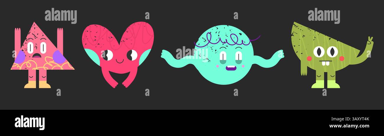 Emoticon geometriche per il viso dei doodle: Triangolo spaventato, cuore rosso sorridente, cerchio scioccato, semicerchio verde con espressioni e gesti divertenti. Personaggi dei cartoni animati decorativi piatti disegnati a mano. Illustrazione Vettoriale