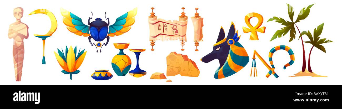 Set di simboli in pietra dell'antico Egitto: Scarabeo alato, fiore di loto, croce ankh, testa Anubis. Rotolo geroglifico e rocce, vaso e mummia. Icona decorativa colorata per lo storico design del museo. Illustrazione Vettoriale