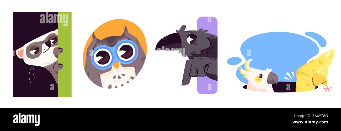 Simpatici personaggi animati che sbirciano fuori - curioso lembo dietro il muro, gufo saggio che salta dal cerchio, pappagallo divertente che emerge dalla forma di un buco e guarda verso il basso all'interno, corvo nero che sbircia dal rettangolo. Illustrazione Vettoriale