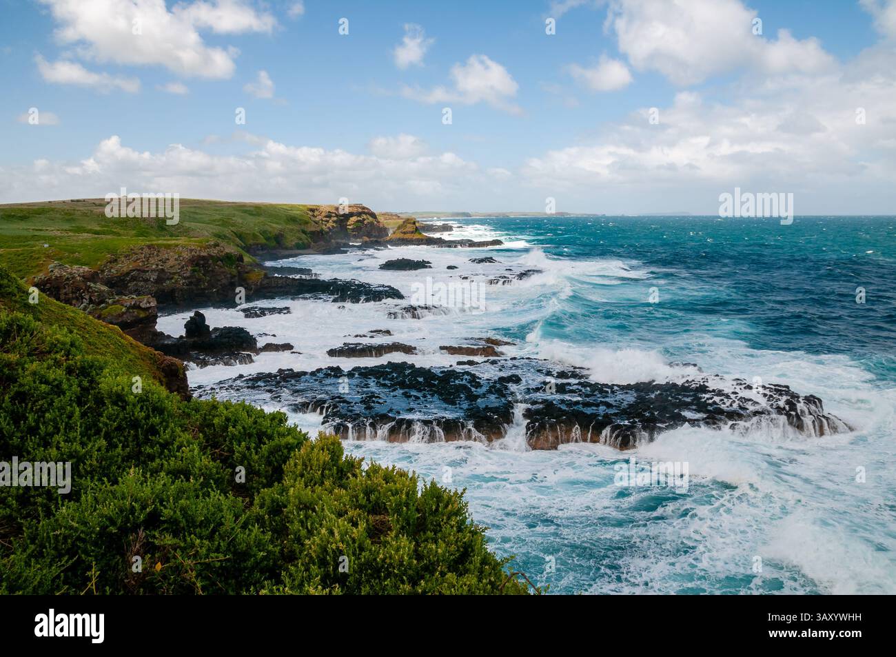 Vista panoramica dello stretto di Bass, del Nobbies Center, di Phillip Island, Australia Foto Stock