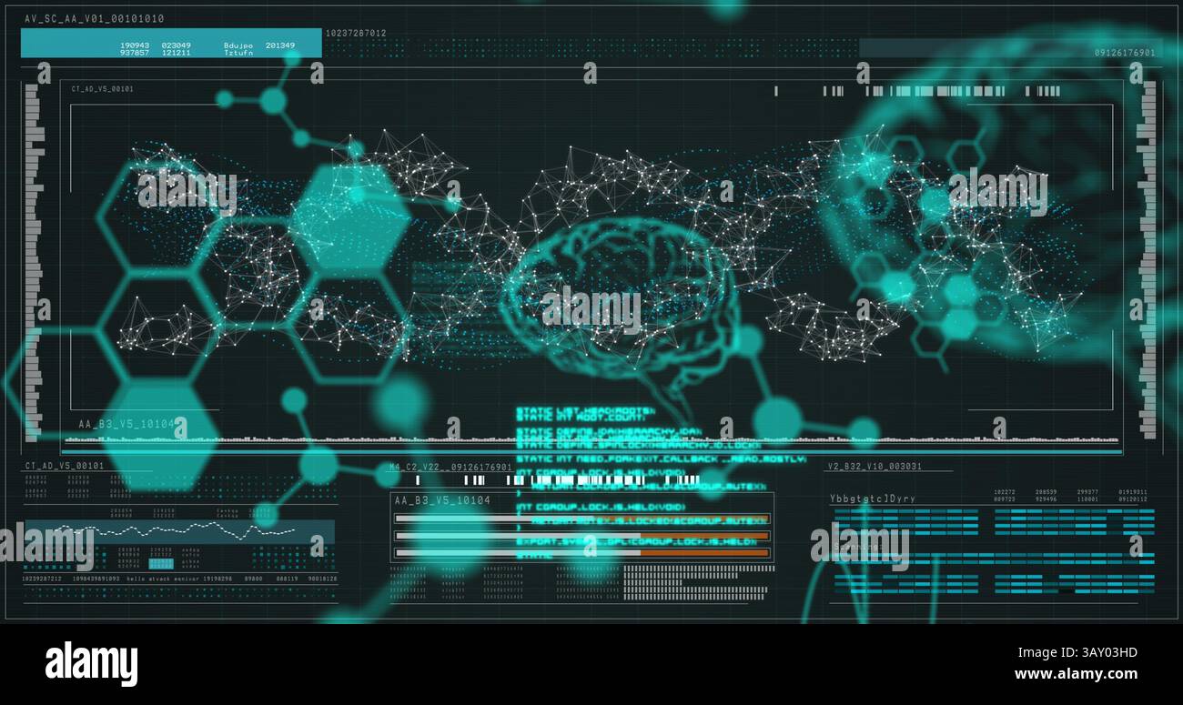 Immagine di dna, cervello e elaborazione di dati scientifici su sfondo nero Foto Stock
