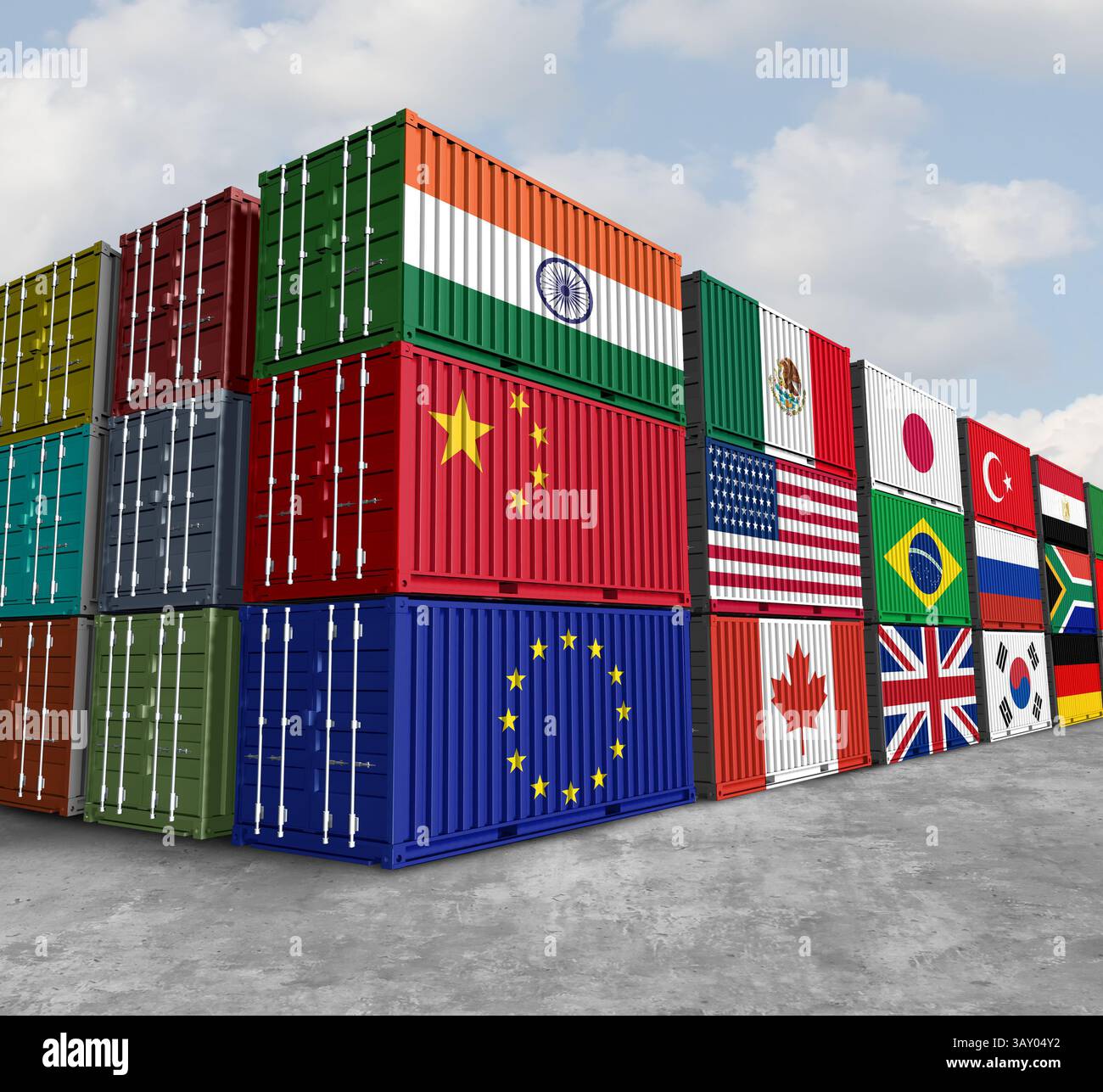 Il commercio internazionale come simbolo economico globale della guerra commerciale o delle tariffe e la distribuzione dell'economia mondiale come container merci provenienti da Cina Stati Uniti India e Th Foto Stock