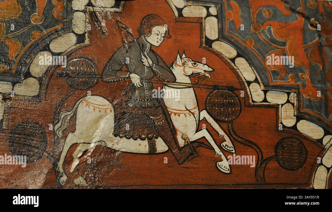 Wainscot di arrocabe da una stanza del Castello della famiglia Stúñiga (Zúñiga) (Curiel de Duero, provincia di Valladolid, Spagna). Dettaglio di un cavaliere su una caccia. Gotico-mudejar, XIV-XV secolo. Pino dipinto. Museo Archeologico Nazionale. Madrid. Spagna. Foto Stock