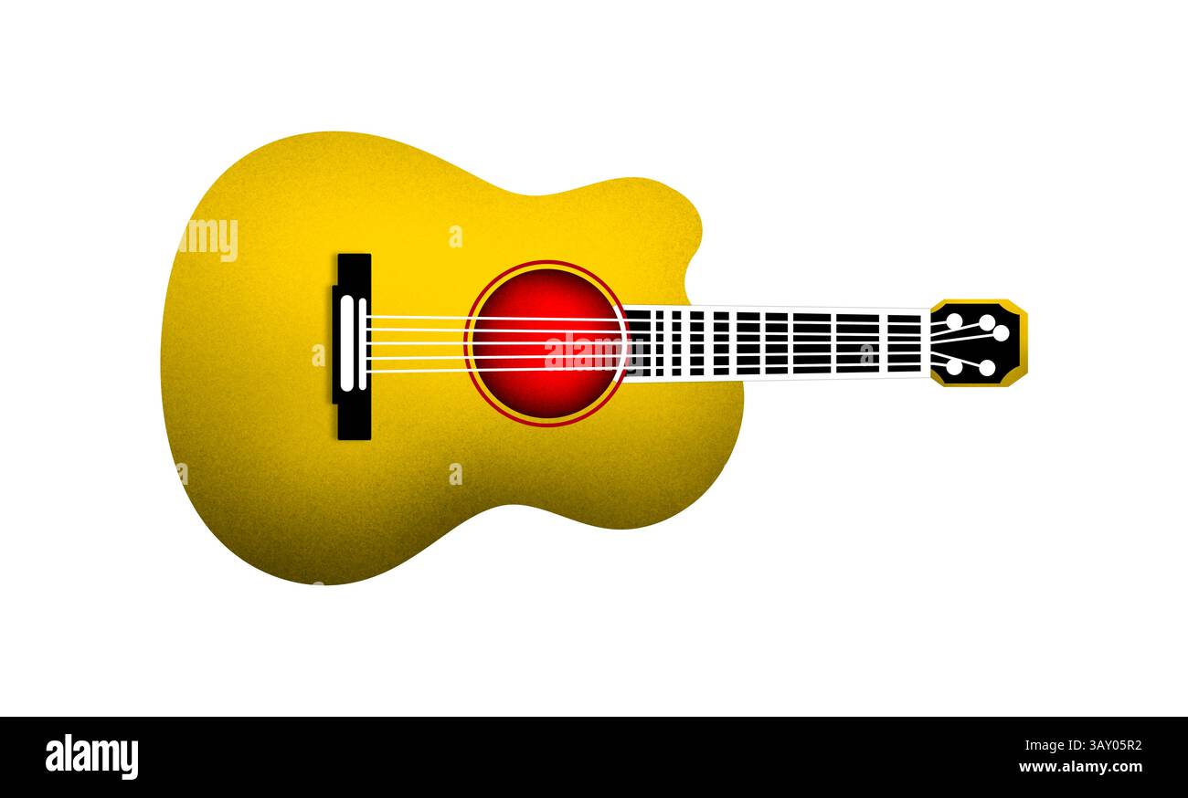 chitarra acustica isolata sul bianco, illustrazione di una chitarra acustica giallo brillante con un buco sonoro rosso e una tastiera nera. Ideale per l'educazione musicale Foto Stock