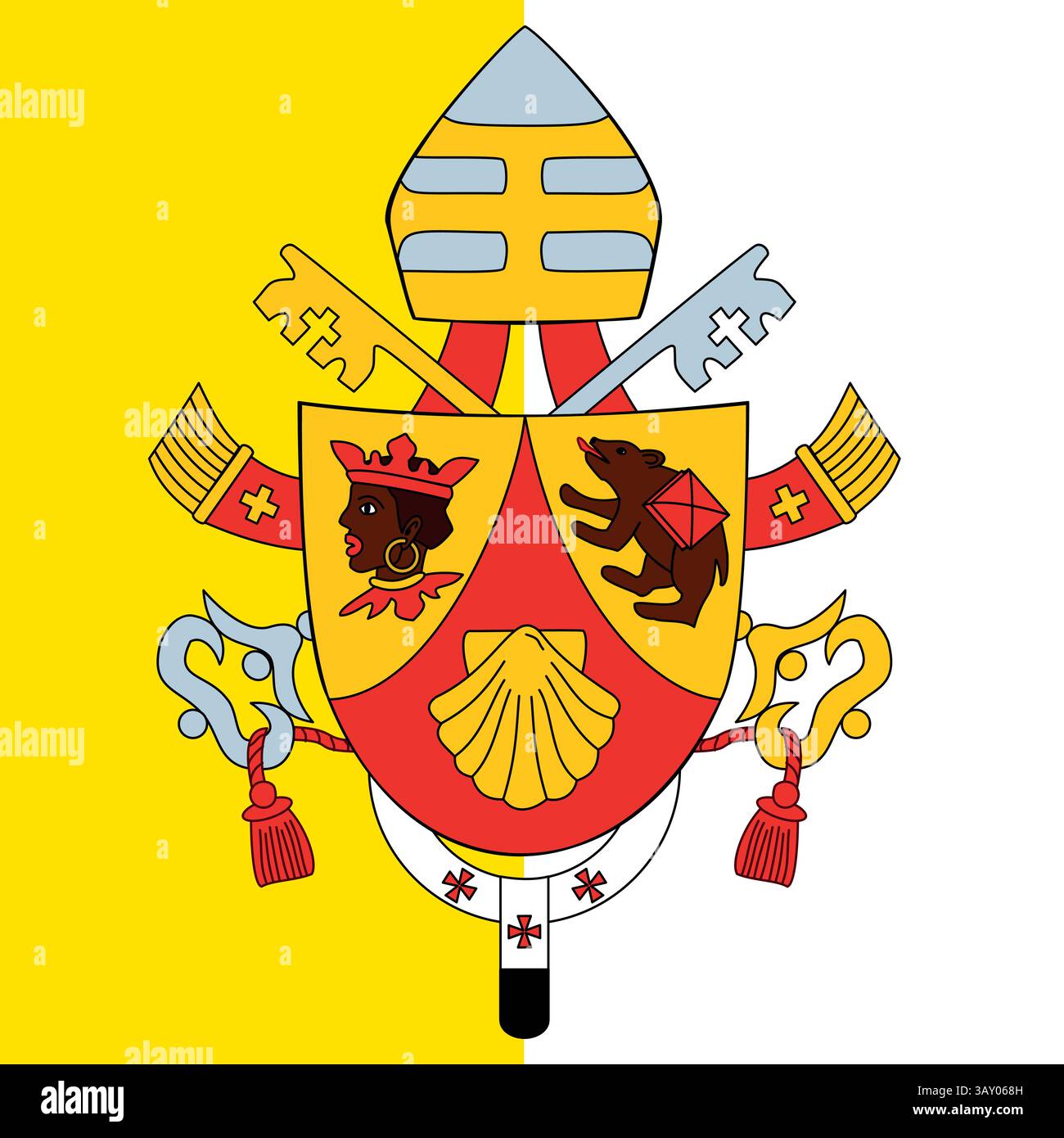 Stemma di Papa Benedetto XVI, Vescovo di Roma, 2005-2013, sullo sfondo della bandiera della Santa sede Illustrazione Vettoriale
