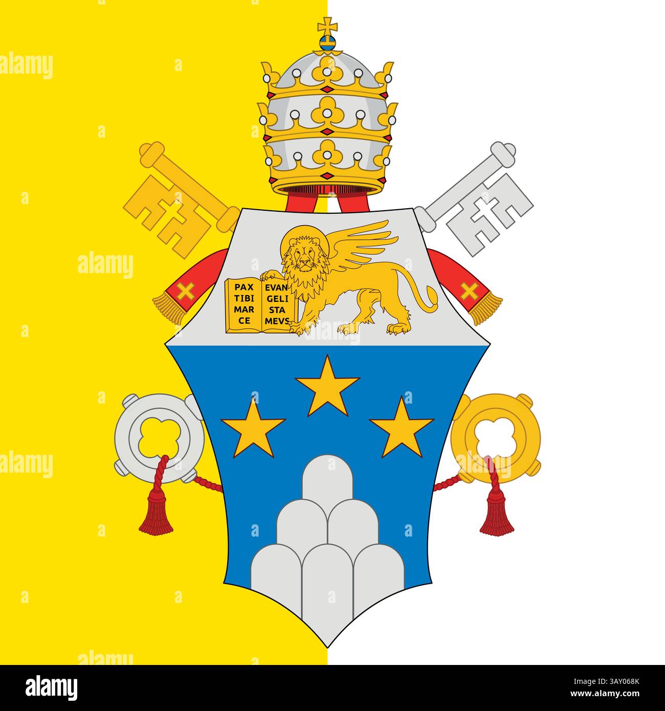 Stemma di Papa Giovanni Paolo i, Vescovo di Roma, 1978, sullo sfondo della bandiera della Santa sede Illustrazione Vettoriale