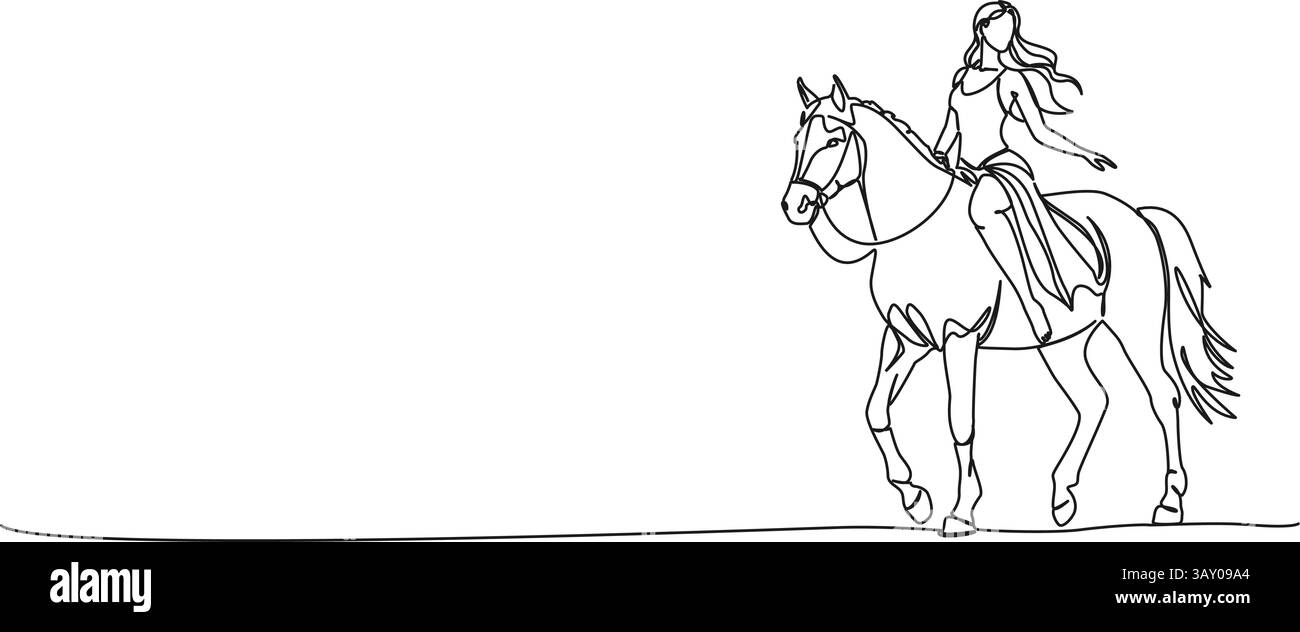 disegno continuo a linea singola di donna in abito estivo cavalcando a cavallo, illustrazione vettoriale line art Illustrazione Vettoriale