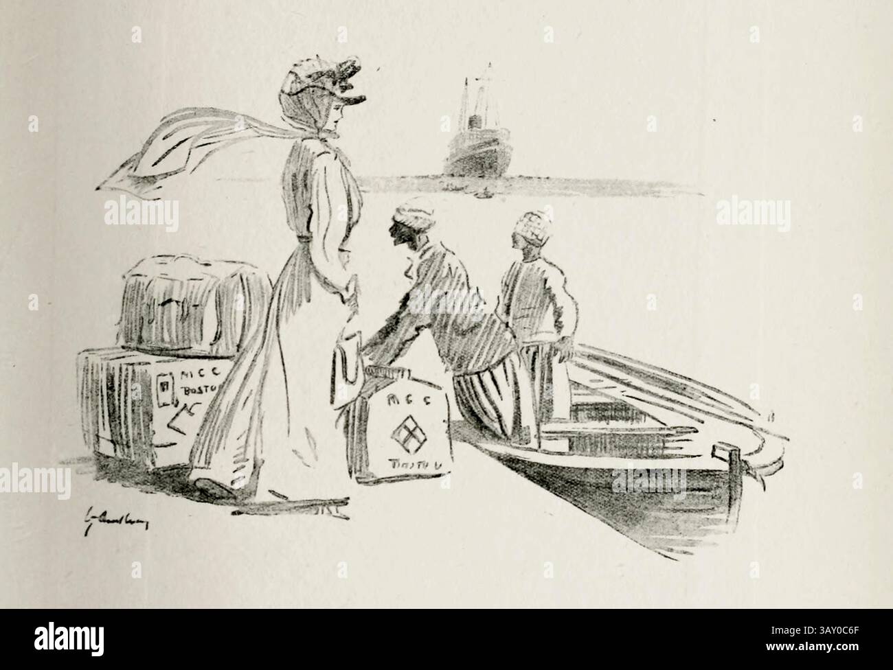 Alexandrian Boatmen - Marakbi ArtWork di Lance Thackeray ha pubblicato 1916 Lot 'Lance' Thackeray RBA (17 gennaio 1867 – 10 agosto 1916) è stato un illustratore inglese, quando aveva più di trent'anni, ha trascorso alcuni inverni in Egitto e ha prodotto schizzi umoristici Foto Stock