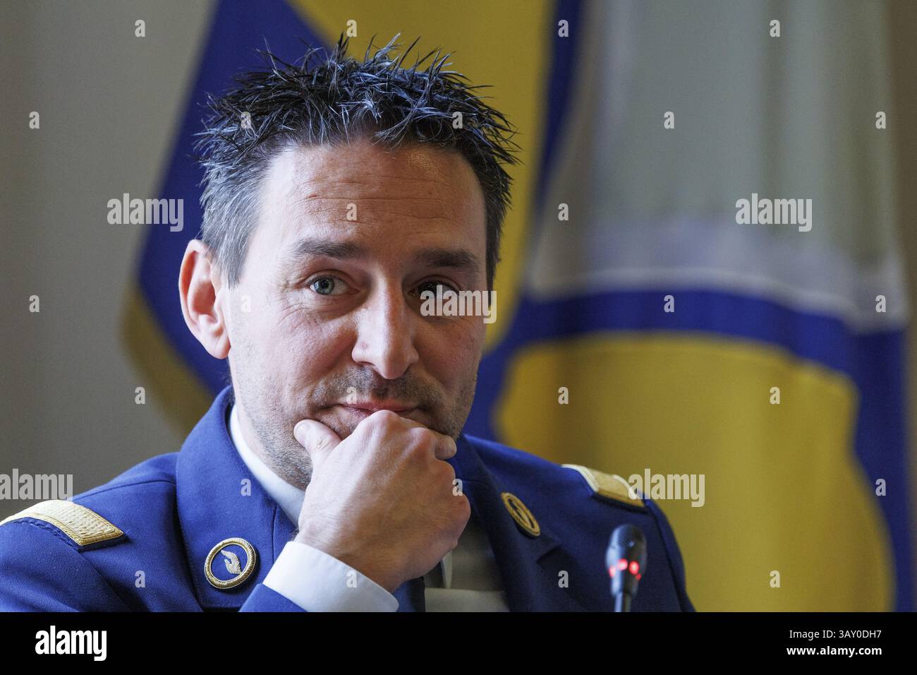 Jurgen De Landsheer, capo della zona di polizia Midi, nella foto, durante una sessione della commissione per gli affari interni della camera per discutere le questioni legate alla droga nella regione di Bruxelles-capitale, martedì 22 aprile 2025 al parlamento federale di Bruxelles. BELGA FOTO NICOLAS MAETERLINCK Foto Stock