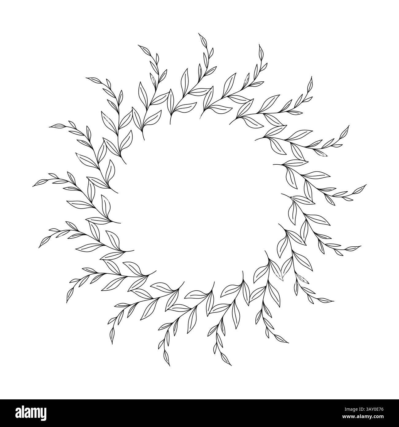 Doodle ha isolato una corona circolare fatta di rami astratti di piante con foglie su sfondo bianco. Illustrazione Vettoriale