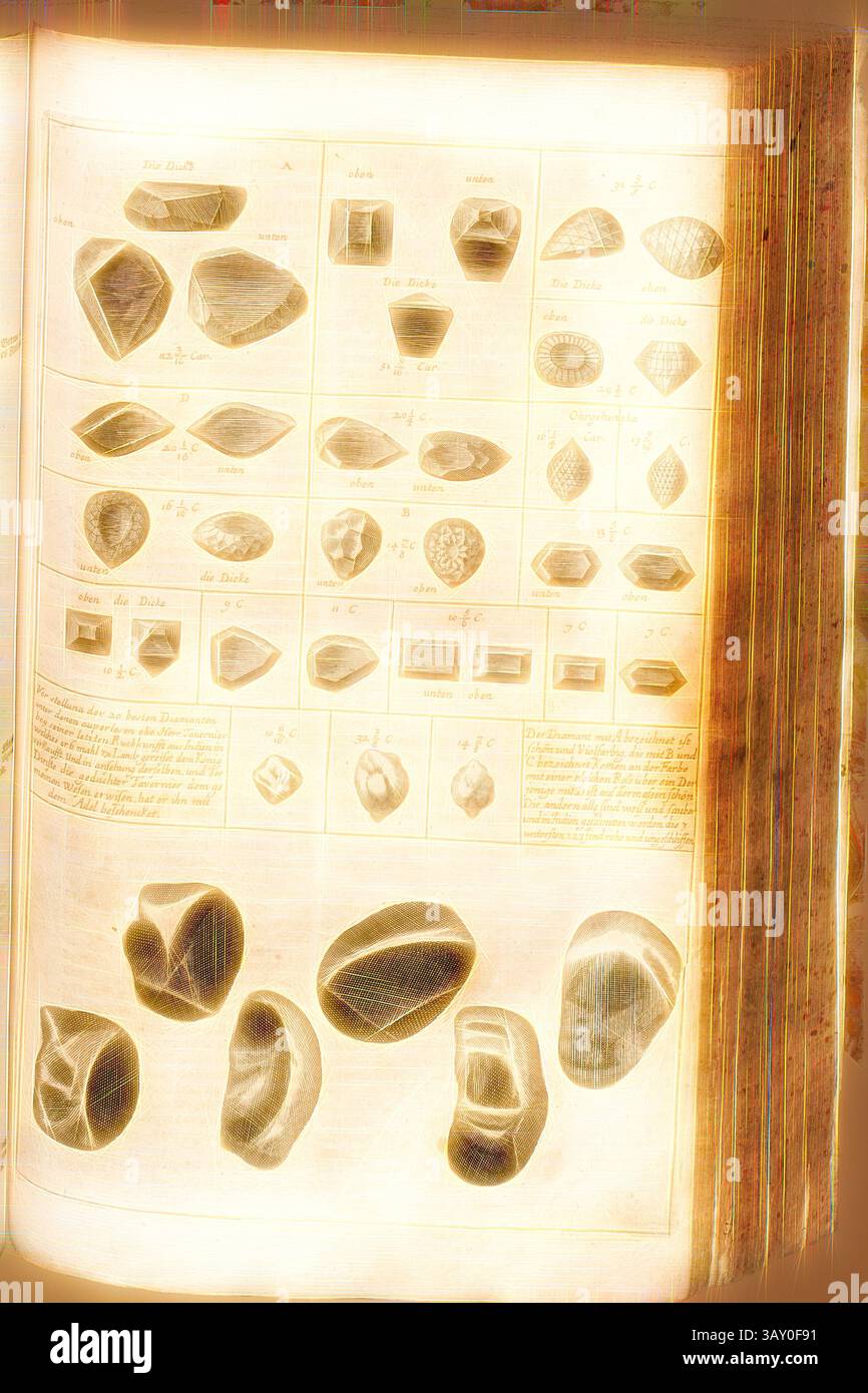 Una pagina illustrata con vari esemplari di minerali e pietre preziose, organizzati in forme e categorie distinte. Ogni illustrazione è etichettata con numeri e descrizioni che indicano le caratteristiche uniche delle pietre., i 20 migliori diamanti, immagine dei 20 migliori diamanti ... che Mr. Tavernier ha venduto al suo ultimo ritorno dall'India ... al re dal XVII secolo, Fig. 2, dopo P. 142, 1681, Jean Baptiste Tavernier: Beschreibung der sechs Reisen, welche Johan Baptista Tavernier [...] in Türckey, Persien und Indien innerhalb viertzig Jahren durch alle Wege die man nach diesen L Foto Stock