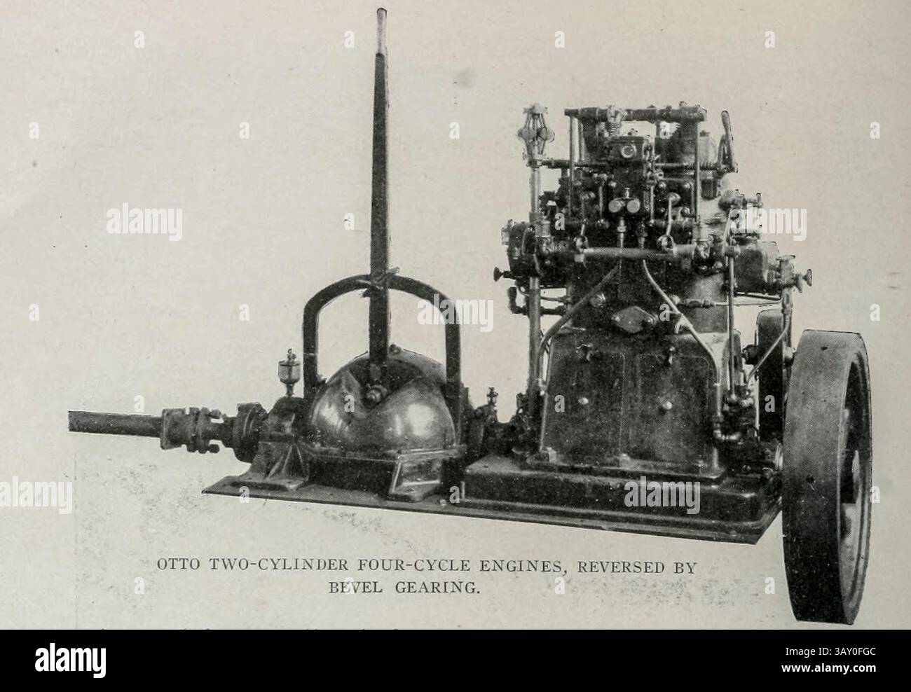 MOTORI OTTO A DUE CILINDRI A QUATTRO TEMPI, INVERTITI DA INGRANAGGI CONICI. Dall'articolo POTERI MOTIVI PER IL LANCIO MODERNO. Di E. W. Roberts. Dalla rivista Engineering dedicata al progresso industriale volume XXIII 1902 The Engineering Magazine Co Foto Stock