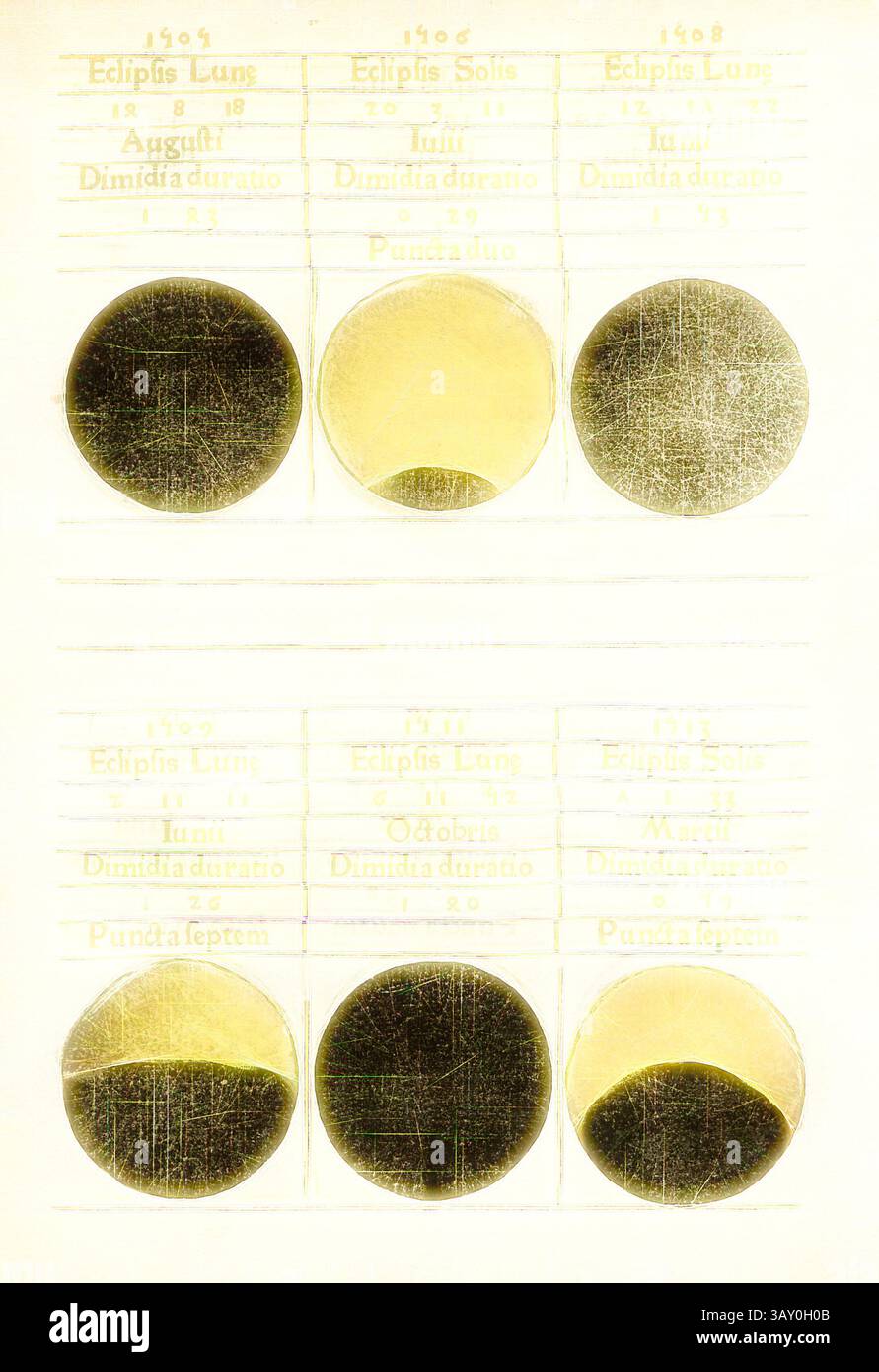 Una serie di diagrammi circolari raffiguranti le diverse fasi delle eclissi solari e lunari, annotati con date e informazioni sulla durata, che illustrano gli eventi celesti verificatisi nel 1900 e nel 1908., eclissi lunare - l'eclissi domenica 7, fasi lunari, F. 17v, p. 39, 1475, Johannes Regiomontanus: calendario. [Nurembergae]: [Ex typogr. Joan. Regiomontani], [ca. 1475], arte classica con un tocco moderno reinventata da Artotop Foto Stock