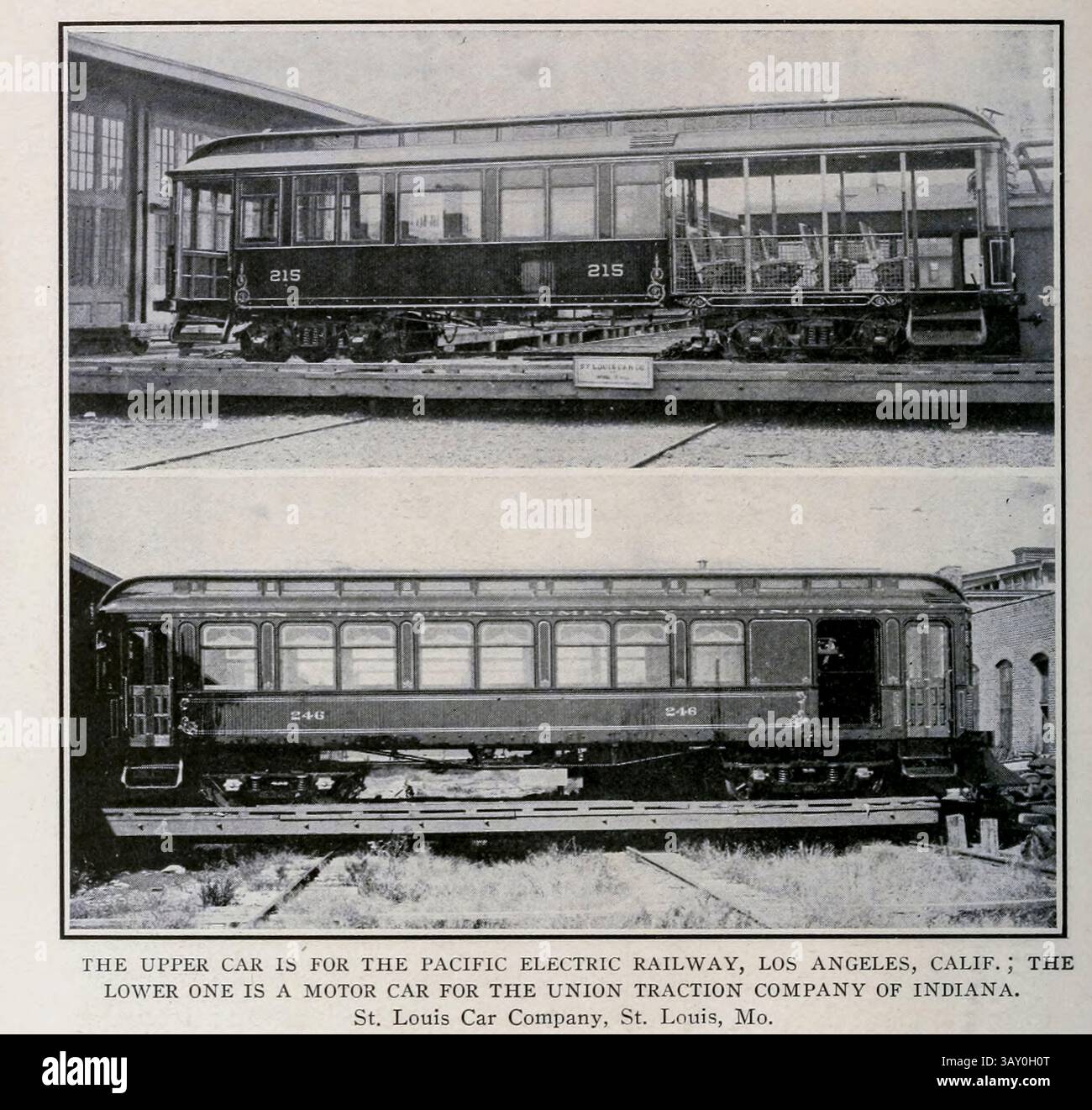 L'AUTO SUPERIORE È PER LA PACIFIC ELECTRIC RAILWAY, LOS ANGELES, CALIFORNIA. LA PIÙ BASSA È UN'AUTOMOBILE PER LA UNION TRACTION COMPANY DELL'INDIANA. St. Louis Car Company, St. Louis, Mo. Dall'articolo FERROVIE INTERURBANE ELETTRICHE AD ALTA VELOCITÀ. Di George H. Gibson. Dalla rivista Engineering dedicata al progresso industriale volume XXIII 1902 The Engineering Magazine Co Foto Stock