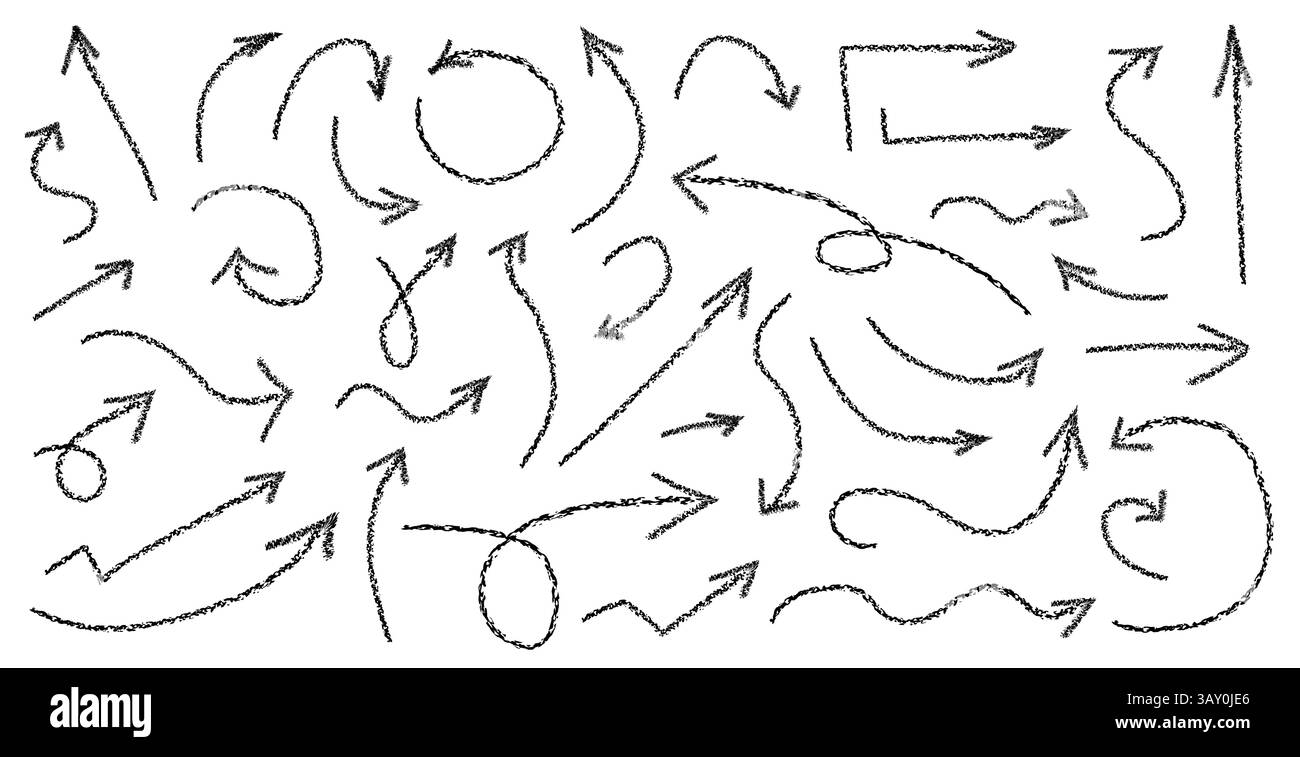 Set di frecce disegnate a mano con gesso. La freccia dello schizzo del doodle a carboncino con trama vettoriale indica direzioni diverse Illustrazione Vettoriale