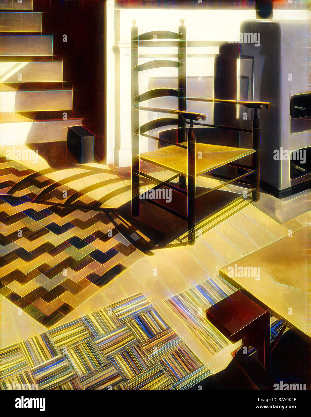 Una sala illuminata dal sole presenta una sedia di legno vuota che getta lunghe ombre su un pavimento a motivi geometrici, mentre un'accogliente stufa si erge nelle vicinanze, creando un'atmosfera calda e invitante. L'interazione di luce e geometria aggiunge profondità e dimensione alla scena., Charles Sheeler, americano, 1883-1965, Home, Sweet Home, 1931, olio su tela, senza cornice: 91,4 x 73,7 cm (36 x 29 pollici), arte classica con un tocco moderno reinventata da Artotop Foto Stock