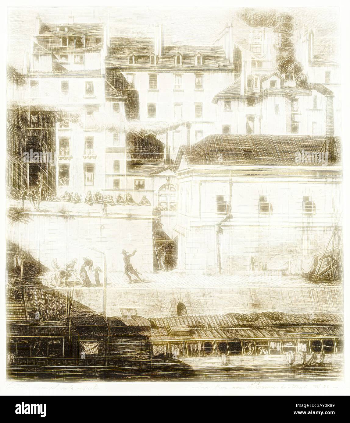 Una vivace scena urbana caratterizzata da edifici con intricati dettagli architettonici. Si possono vedere persone impegnate in varie attività, mentre una serie di barche costeggiano il bordo dell'acqua nelle vicinanze, creando un'atmosfera vivace. Il fumo sorge da un camino, suggerendo l'industria e la vita quotidiana all'interno della città., Charles Meryon, francese, 1821-1868, la Morgue, Parigi, 1854, incisione e punto di asciugatura stampati con inchiostro marrone su carta posata, piatto: 9 x 8 1/4 pollici (22,9 x 21 cm), arte classica con un tocco moderno reinventata da Artotop Foto Stock