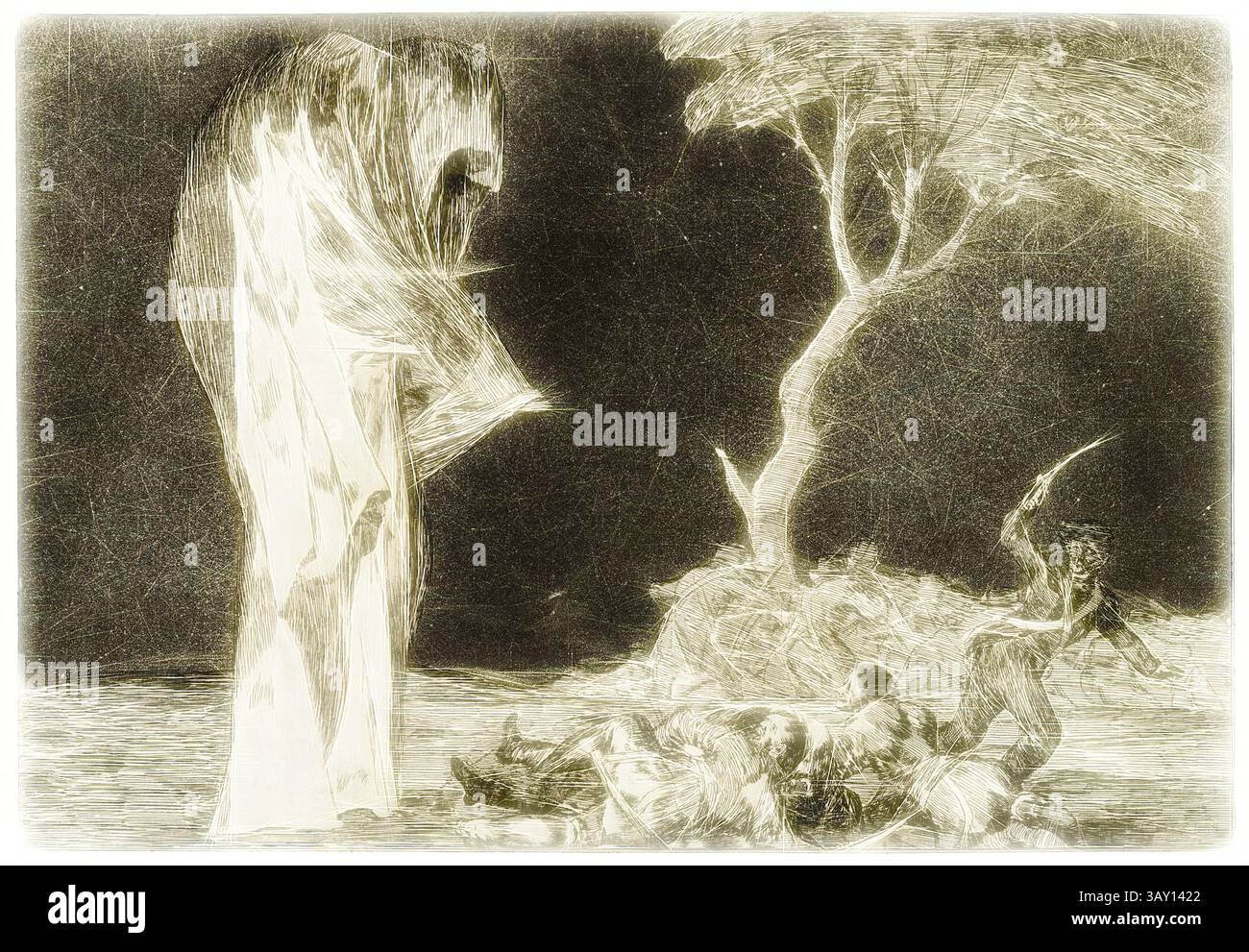 Una figura spettrale incombe su un paesaggio desolato, mentre un uomo brandisce un'arma, apparentemente in un momento di confronto. Sullo sfondo, un albero solitario si erge contro un cielo scuro, aumentando l'inquietante tensione della scena. Forme oscure giacciono immobile sul terreno, evocando sentimenti di disperazione e presunzione., Francisco Goya, spagnolo, 1746-1828, follia della paura, circa 1816, acquatinta brunita, acquatinta e punto di arido (?) Stampato con inchiostro nero su carta tessuta, piatto: 24,4 x 34,9 cm (9 5/8 x 13 3/4 pollici), arte classica con un tocco moderno reinventata da Artotop Foto Stock