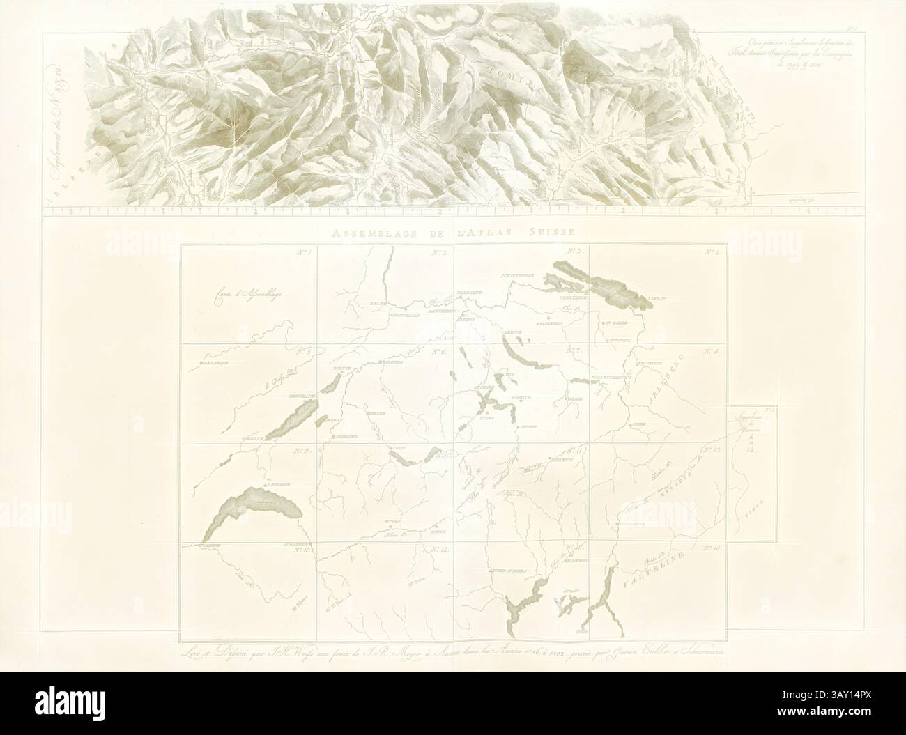 Una mappa topografica dettagliata che presenta altezze e linee geografiche complesse, accompagnata da una griglia di regioni a incasso, evidenziando il complesso terreno all'interno di un'area montuosa., Assemblea dell'Atlante Svizzero, Riepilogo delle carte parziali nell'Atlante, senza firma;, Meyer, Johann Rudolf; Weiss, Johann Heinrich;, 1796, Johann Heinrich Weiss, Johann Rudolf Meyer: Atlas Suisse. Aarau: [Johann Rudolf Meyer], 1796-1802, arte classica con un tocco moderno reinventata da Artotop Foto Stock