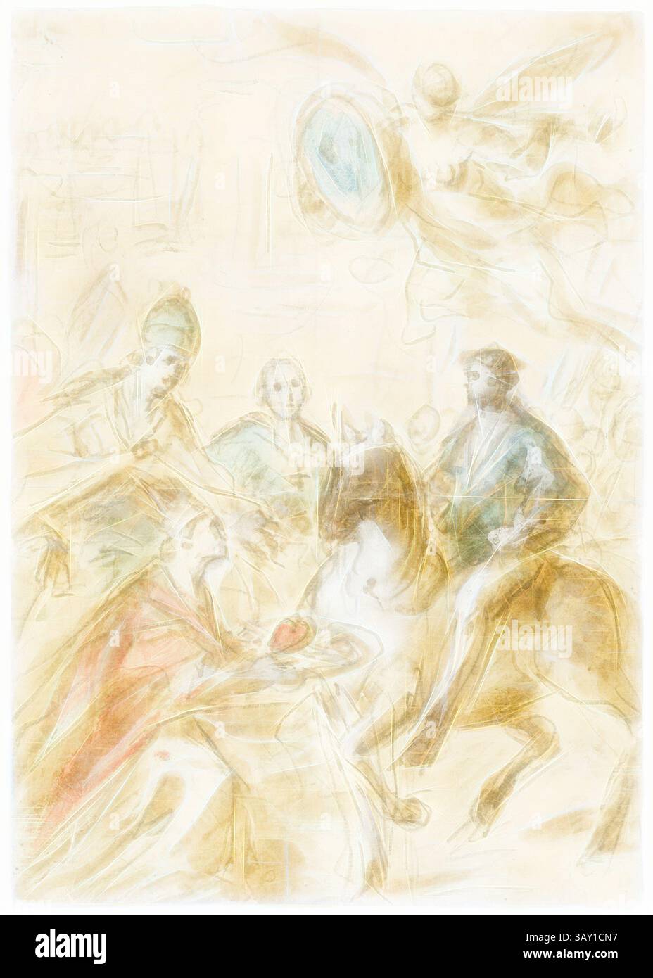 Una scena storica raffigura una figura a cavallo che riceve un oggetto ornato, circondato da un gruppo di figure attente in abiti elaborati. Una presenza angelica si alza sopra, tenendo uno scudo, aggiungendo un senso di grandezza al momento. L'atmosfera generale suggerisce un evento significativo, forse una celebrazione cavalleresca o d'onore., Jacopo Amigoni, italiano, 1675-1752, l'entrata di Carlo V a Bologna nel 1529, tra il 1675 e il 1752, gesso nero e lavato marrone, accresciuto di bianco, con acquerello blu e rosso su carta buff posata, Foglio: 10 5/8 x 7 1/2 pollici (27 x 19,1 cm), arte classica con Foto Stock