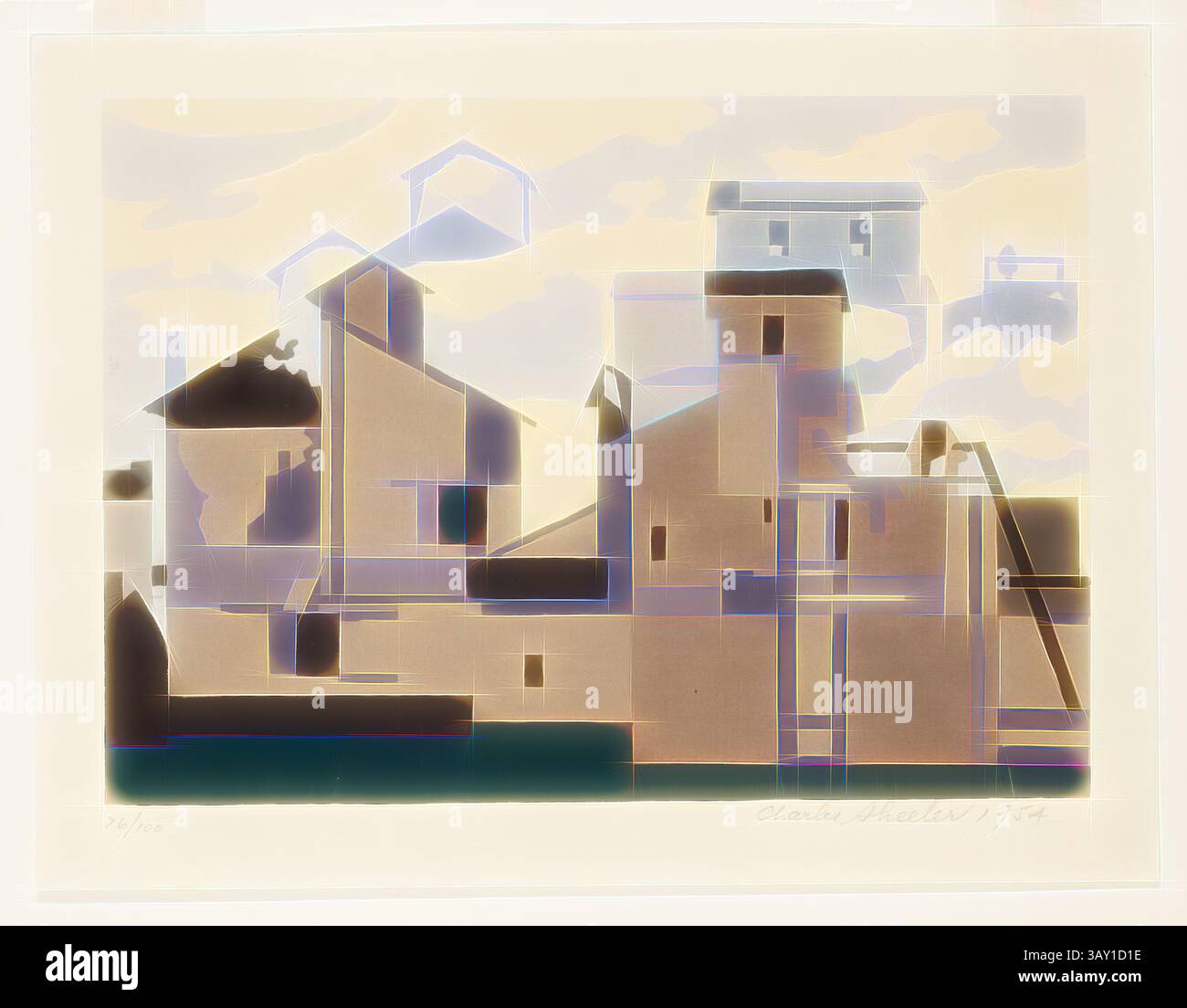 Una collezione di forme architettoniche astratte con forme geometriche sovrapposte e sfumature morbide che evocano un senso di profondità e movimento. La scena cattura una rappresentazione onirica di edifici su uno sfondo nuvoloso, evidenziando l'interazione di luce e struttura., Charles Sheeler, American, 1883-1965, Architectural Cadence, 1954, screenprint stampato con inchiostro a colori su carta tessuta, immagine: 6 1/4 x 8 5/8 pollici (15,9 x 21,9 cm), arte classica con un tocco moderno reinventata da Artotop Foto Stock
