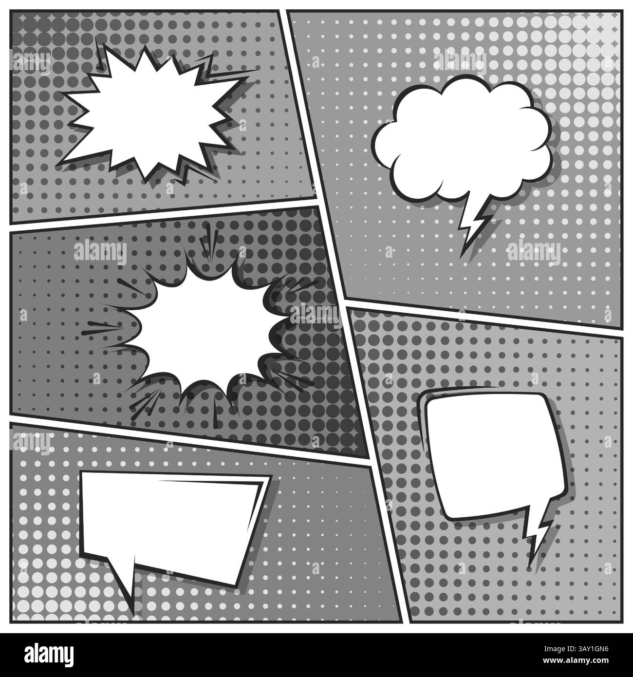 Sfondo fumettistico dei cartoni animati. Bolla del discorso. Poster in bianco e nero del libro di fumetti con elementi mezzitoni. Stile Pop Art retrò. Illustrazione vettoriale Illustrazione Vettoriale