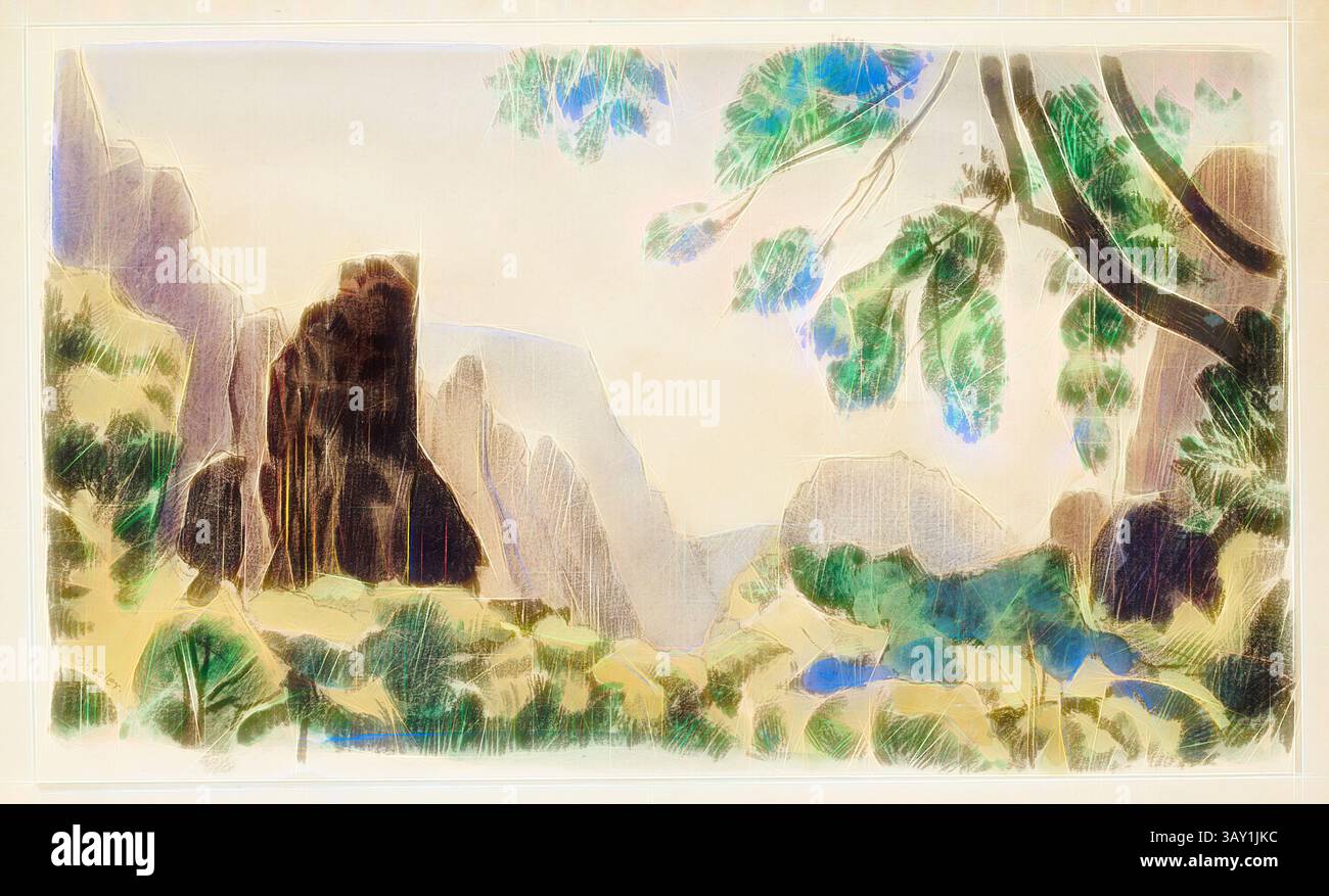 Un tranquillo paesaggio presenta torreggianti formazioni rocciose incorniciate da lussureggiante vegetazione, con morbide colline e un'atmosfera tranquilla in lontananza. La delicata interazione di colori richiama un senso di calma e bellezza naturale., Charles Sheeler, americano, 1883-1965, paesaggio, 1927, acquerello, pastello nero e matita su carta bianca a tessitura, montato su cartone, Foglio: 12,4 x 20,6 cm (4 7/8 x 1/8 pollici), arte classica con un tocco moderno reinventata da Artotop Foto Stock