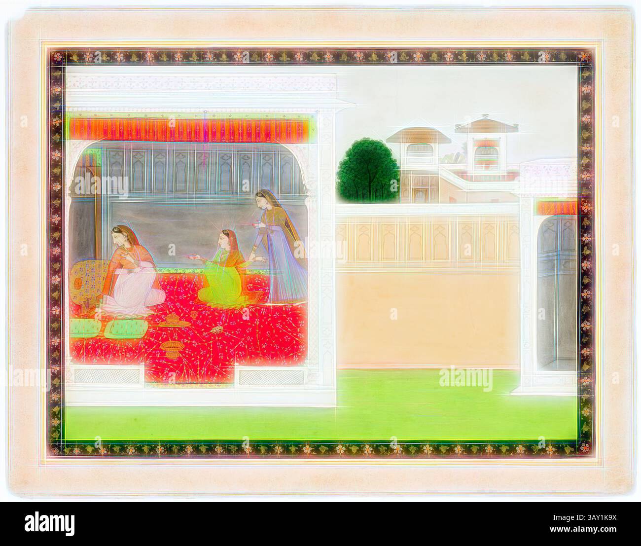 Una scena serena raffigurante tre donne impegnate in varie attività all'interno di una camera riccamente decorata. I tessuti vibranti e l'architettura ornata suggeriscono un raffinato ambiente culturale, dove due donne sono sedute su un pavimento a motivi geometrici, mentre un'altra si trova nelle vicinanze, creando un senso di connessione e tranquillità. Lo sfondo richiama un giardino elaborato e strutture regali, aggiungendo un'atmosfera di eleganza e armonia., sconosciuto (indiano), storia di Krishna e Radha, c. 1800, arte classica con un tocco moderno reinventata da Artotop Foto Stock