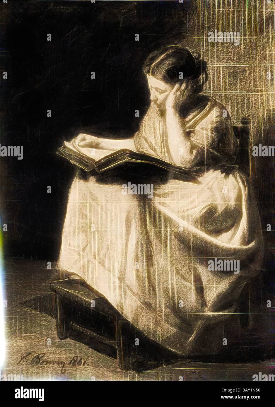 Una giovane donna siede tranquillamente, profondamente coinvolta in un grande libro, la sua espressione premurosa mentre riflette sulle parole che le precedono. Il tessuto morbido del suo abito drappa elegantemente e la luce proietta ombre delicate, esaltando l'atmosfera serena del suo momento solitario., Francesco Bonvin, francese, 1817-1887, donna che legge, 1861, pastello nero, Foglio: 49,5 x 29,8 cm (19 1/2 x 11 3/4 pollici), arte classica con un tocco moderno reinventata da Artotop Foto Stock