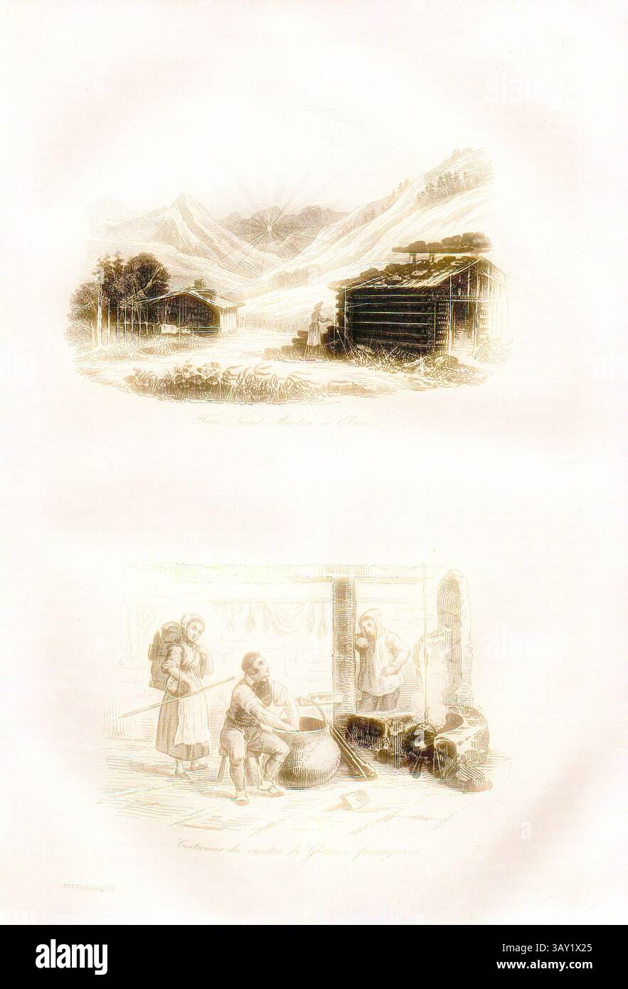 Un tranquillo paesaggio montano con raggi del sole che illuminano le cime sopra, accompagnato da una scena che ritrae la vita quotidiana in un ambiente rustico, dove le figure si impegnano in attività tradizionali intorno a un focolare e alla cucina. Hole Saint Martin in Elme - Costumi del Cantone di Glaris. Caseificio, sopra: Vista dell'Elmo con vista sul Martinsloch, sotto: Persone in un caseificio che indossano abiti tradizionali, a p. 78, 1835, Alexandre Martin: La Suisse pittoresque et ses environs. Tableau général, descriptif, historique et statistique des 22 cantons, de la Savoie, d'une partie du Piémont et du Pays d Foto Stock