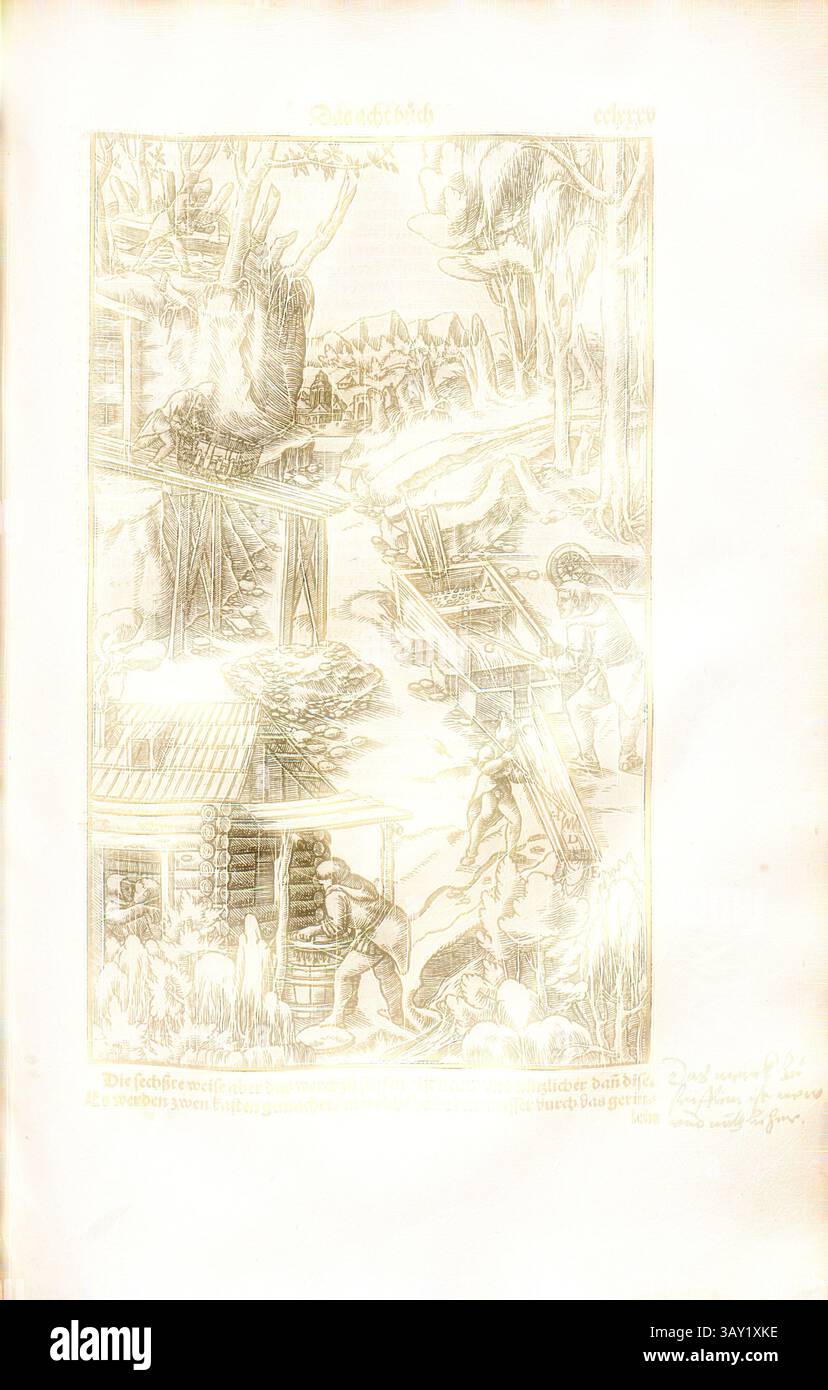 Una scena storica che raffigura un paesaggio aspro, in cui gli individui si impegnano nella lavorazione del legno e nel trasporto del legname, circondati da alberi e da una cabina rustica, che mostra un mix di lavoro e natura in azione. Lavare le vaschette, lavare le vaschette create sulla pendenza sono utilizzate per lavare la latta, fogli inseriti trattenere materiale grezzo, commento scritto a mano sul bordo della pagina, xilografia, p. 285, (l'otto Libro), Manuel, Hand Rudolf (graveur sur bois), 1557, Gregorius agricola: vom Bergkwerck XII Bücher darinn alle Empter, Instument, Gezeuge unnd alles zu disem handel gehörig, mitt schönen figuren, vor Foto Stock