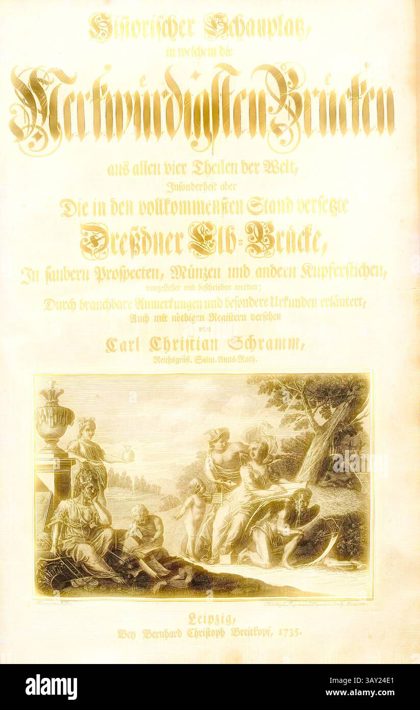 Un frontespizio ornato con intricate illustrazioni e calligrafie, raffiguranti scene storiche legate ai famosi ponti del mondo. La composizione comprende figure impegnate in varie attività, circondate da elementi decorativi, che evidenziano il significato dell'architettura e dell'ingegneria., Title vignette to 'Historical Venue in which the strangest bridge ...', figure allegoriche sedute intorno ad un albero, firmate: A. Wernerin delin, Christoph Raymund Thoman sculp, title vignette, Werner, Anna Maria (del.); Thomann von Hagelstein, Christoph Raimund (sc.); Breitkopf, Bernhard Chri Foto Stock