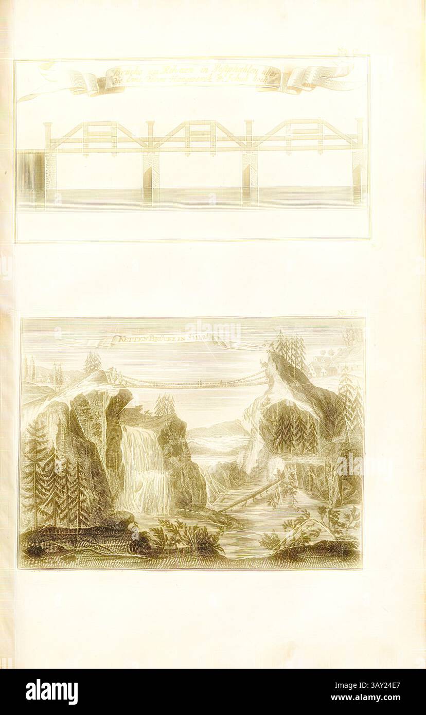 Un'illustrazione dettagliata che raffigura un ponte costruito su pali, accanto a una vista panoramica di una cascata che si getta attraverso un paesaggio montuoso, circondato da fitte foreste. Le opere d'arte catturano la bellezza naturale e le abilità ingegneristiche del tempo: Bridge to Reckoning in Vestfalia sopra l'EMS, le loro scarpe Hangwerck 8 e Chain Bridge a Sina, Bridge over the EMS in Westfalia e Chain Bridge in China, Fig. 10, no 12 u., 13, secondo P. 96, Breitkopf, Bernhard Christoph (ed.), 1735, Carl Christian Schramm: Historischer Schauplatz in welchem die merkwürdigsten Brücken aus al Foto Stock