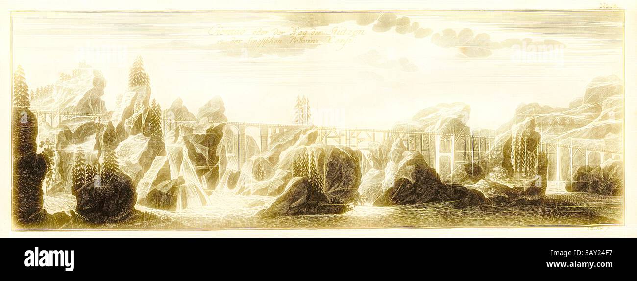 Un paesaggio pittoresco caratterizzato da rocce aspre e torreggianti pini, intersecati da un ponte di legno che attraversa un sereno corpo d'acqua, il tutto sotto un cielo delicatamente illuminato adornato da nuvole mogliose., Cientao o la via dei supporti nella provincia di Sines Xensi, Ponte in Cina, firmato: I. W. Stör sc, Fig. 11, no 14, dopo P. 96, Stör, Johann Wilhelm (sc.); Breitkopf, Bernhard Christoph (ed.), 1735, Carl Christian Schramm: Historischer Schauplatz in welchem die merkwürdigsten Brücken aus allen Theilen der Welt, insonderheit aber die in den vollkommensten Stand versetzte Dresdner ELB- Foto Stock