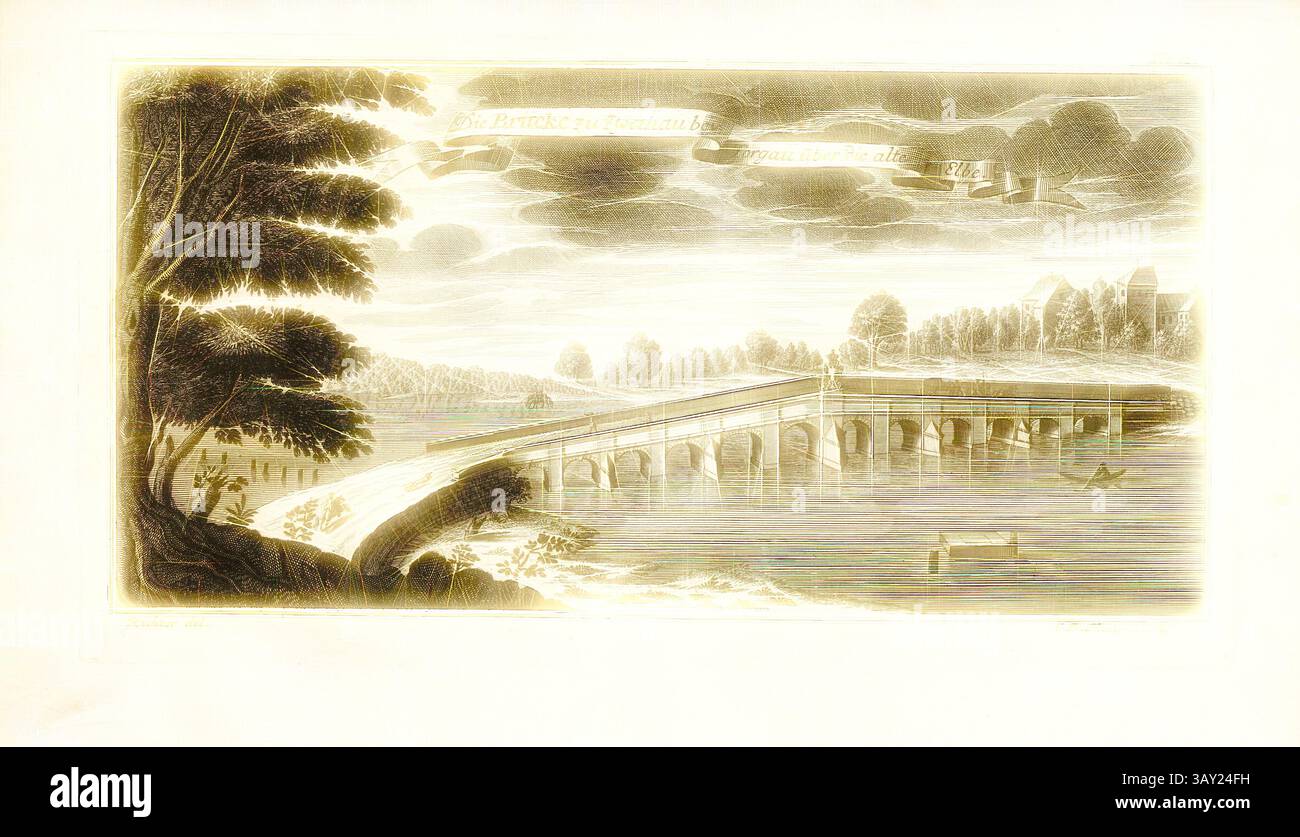 Un tranquillo paesaggio caratterizzato da un grazioso ponte ad arco che si estende su un tranquillo fiume, circondato da alberi lussureggianti e dolci colline, con morbide nuvole sopra e un senso di calma che pervade la scena. Una piccola barca galleggia nelle vicinanze, aggiungendo un'atmosfera tranquilla. Il ponte per Zwethau a Torgau sull'Elba vecchia, il ponte dell'Elba vicino a Zwethau (Sassonia), firmato: Richter del, C.R. Thoman sc, Fig. 18, no 22, dopo P. 96, Werner, Anna Maria (del.); Thomann von Hagelstein, Christoph Raimund (sc.); Breitkopf, Bernhard Christoph (ed.), 1735, Carl Christian Schramm: Historischer Schauplatz in welchem die merkwü Foto Stock