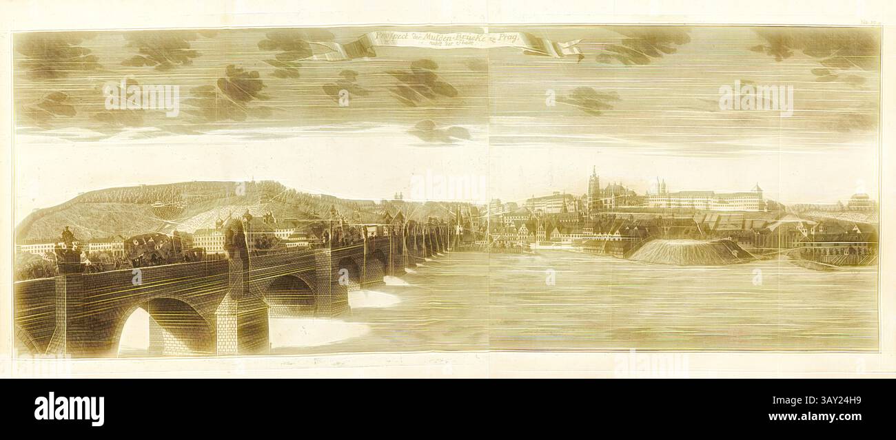 Una vista panoramica presenta un grande ponte che attraversa un fiume, con archi ornati che sostengono una vivace scena di persone che camminano lungo la struttura. Sullo sfondo, si sviluppa un paesaggio urbano che mostra una miscela di edifici, guglie e colline sotto un cielo spettacolare. La composizione complessiva cattura un momento nel tempo, riflettendo l'eleganza architettonica e la vivace attività dell'epoca. La prospettiva del Ponte Mulden a Praga e la città, il Ponte Carlo a Praga (Repubblica Ceca), Fig. 14, no 19a, dopo P. 96, Breitkopf, Bernhard Christoph (ed.), 1735, Carl Christian Schramm: Historischer Schauplatz i Foto Stock