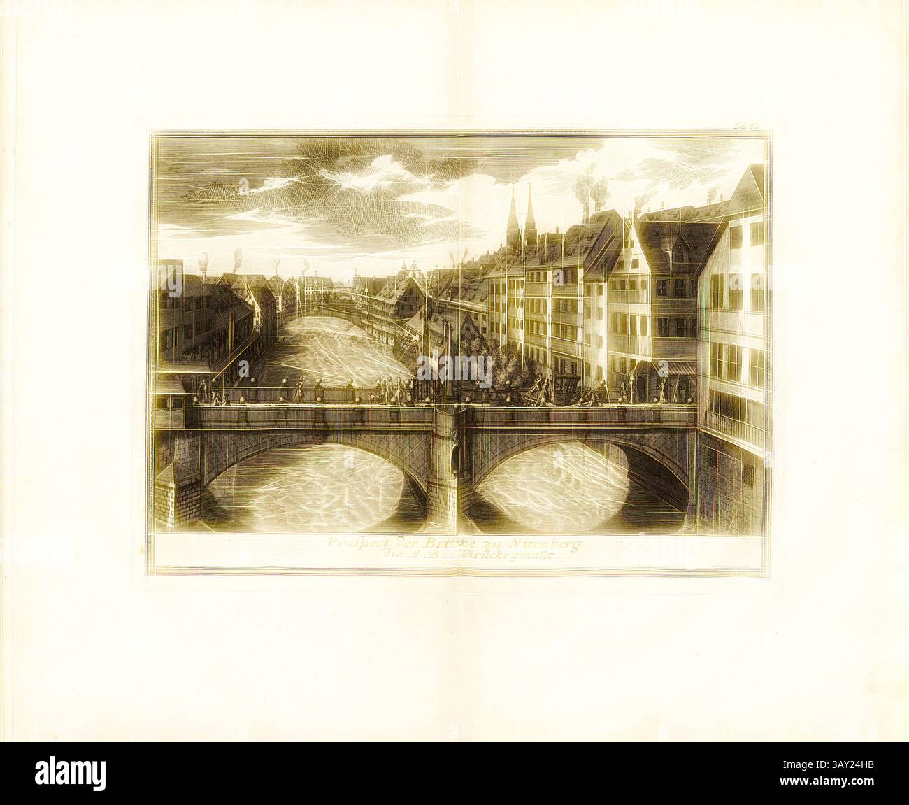 Una vivace scena di una città storica, caratterizzata da un ponte adornato di pedoni e fiancheggiato da edifici affascinanti lungo un fiume tortuoso. Torri e guglie si innalzano sullo sfondo, mentre le nuvole creano un cielo dinamico sopra la vivace attività del litorale., prospettiva del ponte per Norimberga chiamato ponte A. B. C., Ponte Carlo sopra Pegnitz a Norimberga, Fig. 34, no 42, dopo P. 96, Breitkopf, Bernhard Christoph (ed.), 1735, Carl Christian Schramm: Historischer Schauplatz in welchem die merkwürdigsten Brücken aus allen Theilen der Welt, insonderheit aber die in den vollkommensten Stand verse Foto Stock