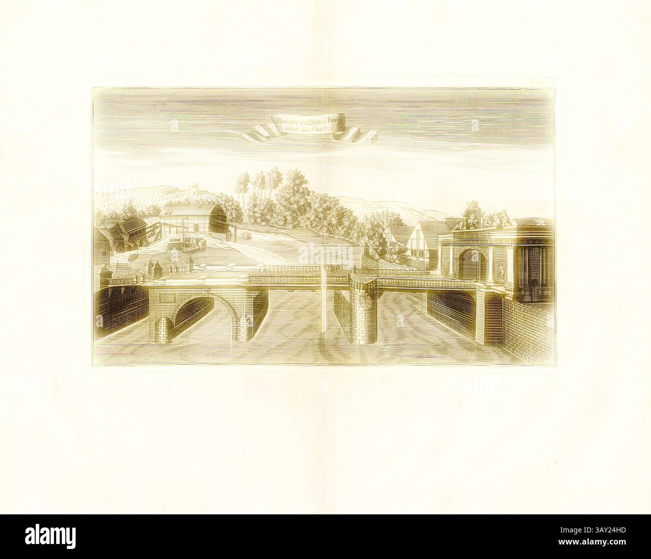 Un'illustrazione dettagliata di un tranquillo paesaggio con un ponte che si estende su un calmo corpo d'acqua. La scena include alberi ed edifici sullo sfondo, che trasmettono un senso di vita rurale tranquilla. Uno stendardo sopra il paesaggio reca un'iscrizione che aggiunge fascino all'ambiente. Ponte a Baerenburg sopra il Saale, Ponte sul Saale a Bernburg (Saale), Fig. 26, no 33, secondo P. 96, Breitkopf, Bernhard Christoph (ed.), 1735, Carl Christian Schramm: Historischer Schauplatz in welchem die merkwürdigsten Brücken aus allen Theilen der Welt, insonderheit aber die in den vollko Foto Stock