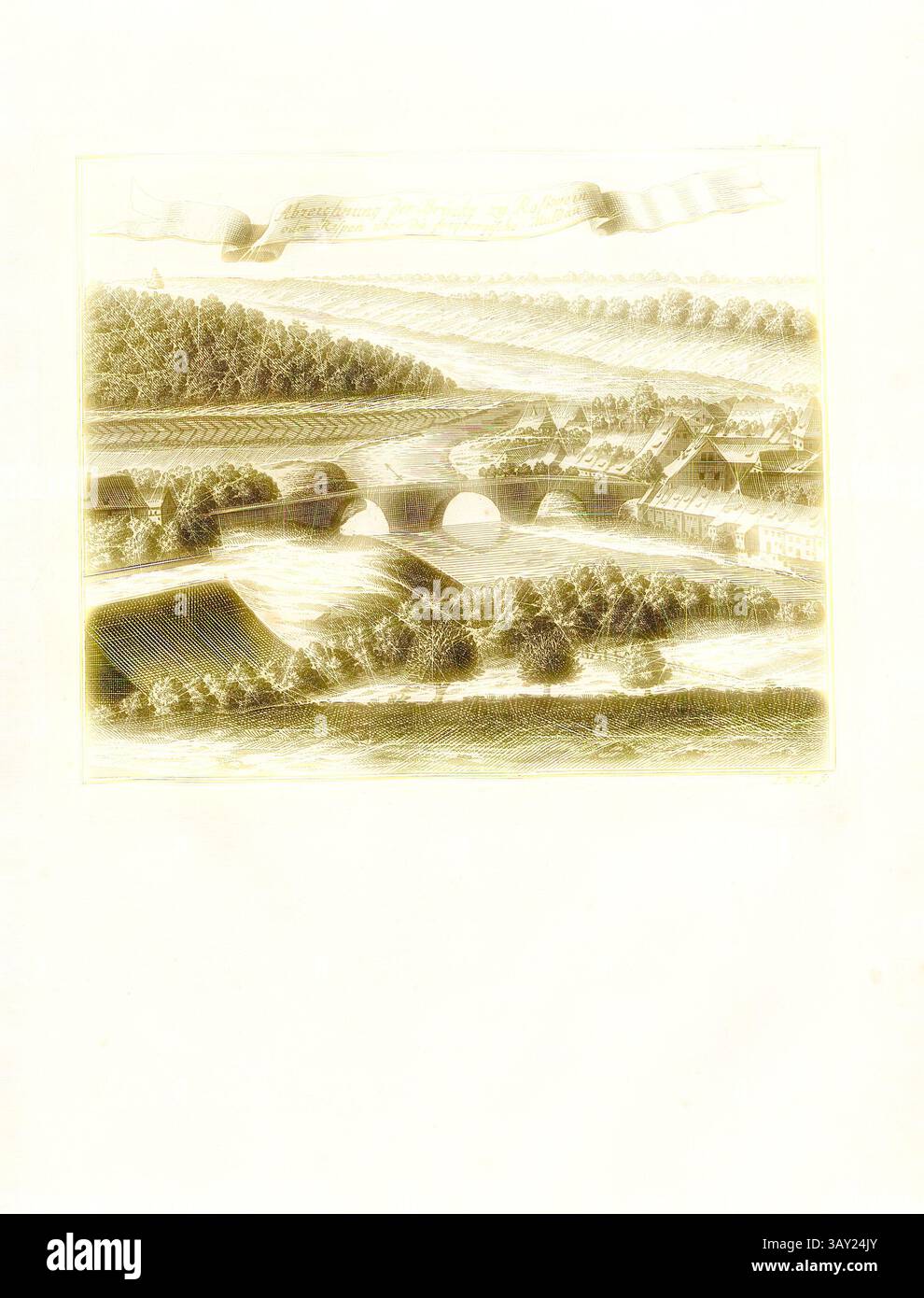 Un tranquillo paesaggio che cattura colline ondulate, un fiume tortuoso e un pittoresco villaggio con case affascinanti, il tutto incorniciato da una vegetazione lussureggiante e da un cielo dolce sopra la testa. Un elegante ponte ad arco aggiunge un tocco storico, collegando le due sponde del fiume., cartello per il ponte a Rosswein o Risperi sul Freybergische Muldau, ponte su Freiberger Mulde a Rosswein (Sassonia), firmato: I. W. S. sc, Fig. 24, no 31, dopo P. 96, Stör, Johann Wilhelm (sc.); Breitkopf, Bernhard Christoph (ed.), 1735, Carl Christian Schramm: Historischer Schauplatz in welchem die merkwürdigsten Brücken aus allen Theilen Foto Stock