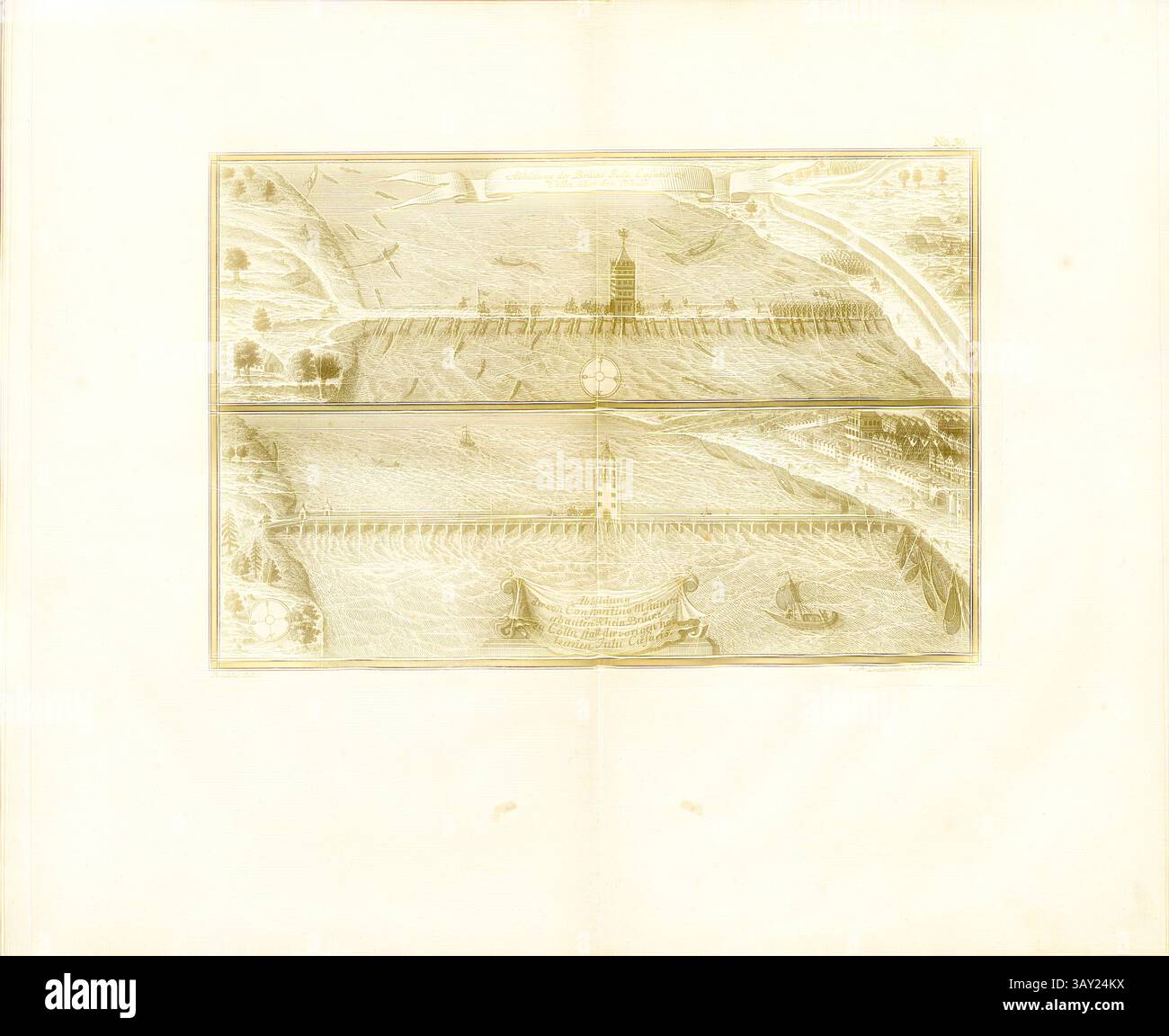 Un'illustrazione dettagliata raffigura un paesaggio con un fiume o un corpo d'acqua, fiancheggiato da strutture su entrambi i lati. La scena include varie barche che navigano sull'acqua e mulini a vento o strutture simili sullo sfondo, suggerendo un'interazione tra la natura e gli elementi creati dall'uomo. La composizione è divisa in due sezioni orizzontali, che mostrano diversi aspetti del paesaggio e possibilmente dettagli storici o funzionali dell'area. Illustrazione del ponte Giulio Cesare a Cölln sul Reno e illustrazione del ponte in pietra Costantinom costruito sul Reno a Cölln, invece Foto Stock