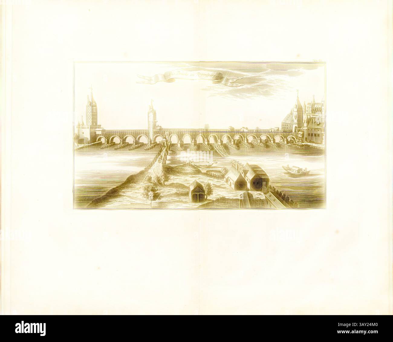 Una vista storica di un grande ponte che si innalza su un fiume, fiancheggiato da monumenti architettonici e piccole barche. In lontananza, uno skyline presenta intricate torri e cupole sotto un cielo nuvoloso, che evocano un senso del passato e il significato dell'ambientazione. Il ponte per Regenspurg, il ponte di pietra sul Danubio a Ratisbona, Fig. 39, no 48, dopo P. 96, Breitkopf, Bernhard Christoph (ed.), 1735, Carl Christian Schramm: Historischer Schauplatz in welchem die merkwürdigsten Brücken aus allen Theilen der Welt, insonderheit aber die in den vollkommensten Stand versetzte Dresdner ELB-Brücke, in sa Foto Stock